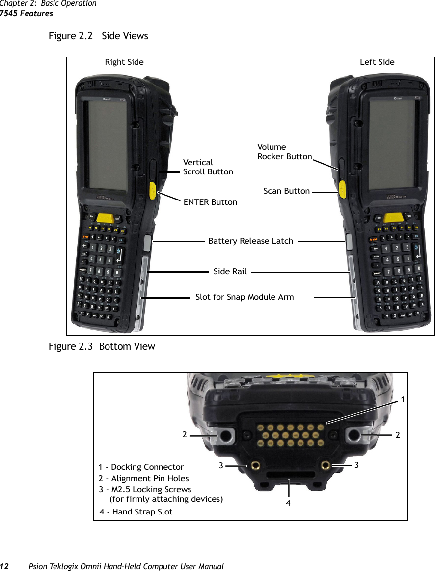 Chapter 2: Basic Operation7545 Features12 Psion Teklogix Omnii Hand-Held Computer User ManualFigure 2.2   Side Views Figure 2.3  Bottom ViewScan ButtonLeft SideRight SideVolumeENTER ButtonVerticalScroll ButtonSlot for Snap Module ArmBattery Release LatchSide RailRocker Button1 - Docking Connector2 - Alignment Pin Holes(for firmly attaching devices)4 - Hand Strap Slot3 - M2.5 Locking Screws122334