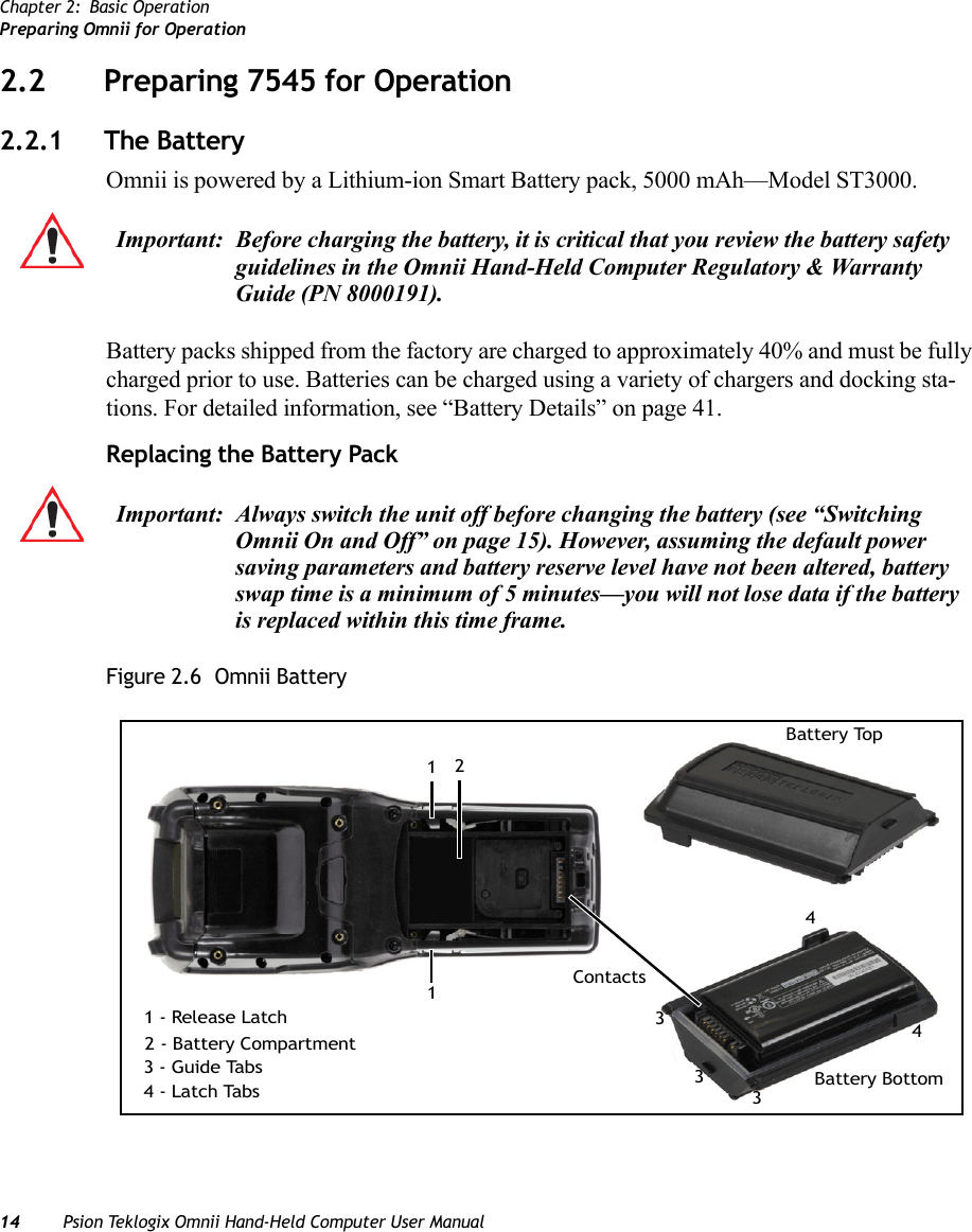 Chapter 2: Basic OperationPreparing Omnii for Operation14 Psion Teklogix Omnii Hand-Held Computer User Manual2.2 Preparing 7545 for Operation2.2.1 The BatteryOmnii is powered by a Lithium-ion Smart Battery pack, 5000 mAh—Model ST3000.Battery packs shipped from the factory are charged to approximately 40% and must be fully charged prior to use. Batteries can be charged using a variety of chargers and docking sta-tions. For detailed information, see “Battery Details” on page 41.Replacing the Battery PackFigure 2.6  Omnii BatteryImportant: Before charging the battery, it is critical that you review the battery safety guidelines in the Omnii Hand-Held Computer Regulatory &amp; Warranty Guide (PN 8000191). Important: Always switch the unit off before changing the battery (see “Switching Omnii On and Off” on page 15). However, assuming the default power saving parameters and battery reserve level have not been altered, battery swap time is a minimum of 5 minutes—you will not lose data if the battery is replaced within this time frame. 2 - Battery CompartmentContacts Battery Top Battery Bottom1 - Release Latch3 - Guide Tabs 4 - Latch Tabs 33311244