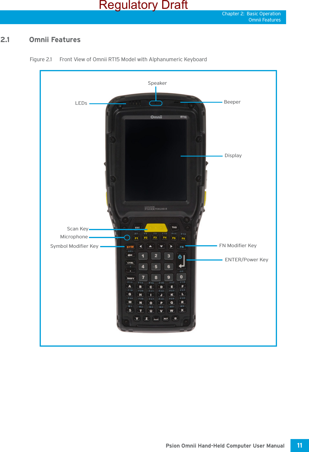 Chapter 2: Basic OperationOmnii Features11 Psion Omnii Hand-Held Computer User Manual2.1 Omnii FeaturesFigure 2.1  Front View of Omnii RT15 Model with Alphanumeric KeyboardDisplayLEDsENTER/Power KeyFN Modifier KeySymbol Modifier KeyScan KeyMicrophoneSpeakerBeeperRegulatory Draft