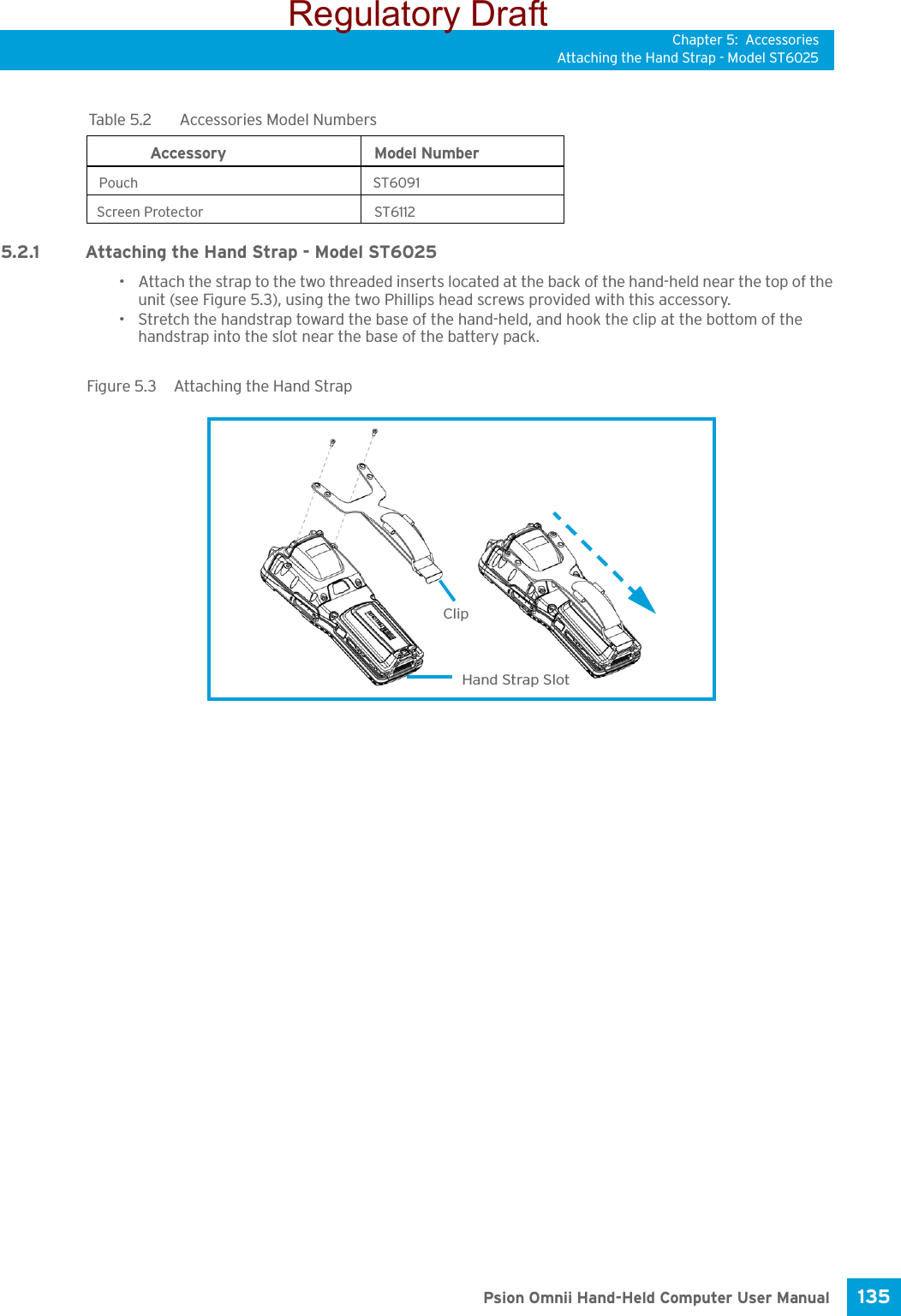 Chapter 5: AccessoriesAttaching the Hand Strap - Model ST6025135 Psion Omnii Hand-Held Computer User Manual5.2.1 Attaching the Hand Strap - Model ST6025• Attach the strap to the two threaded inserts located at the back of the hand-held near the top of the unit (see Figure 5.3), using the two Phillips head screws provided with this accessory.• Stretch the handstrap toward the base of the hand-held, and hook the clip at the bottom of the handstrap into the slot near the base of the battery pack.Figure 5.3  Attaching the Hand Strap       FInstallation• To lock the in place, insert the retaining clip in the slot at the bottom of the Omnii Hand-Held Computer. (Figure 5.5)                          Pouch ST6091                         Screen Protector  ST6112                      Table 5.2  Accessories Model Numbers            Accessory Model Number                         Hand Strap Slot                    ClipRegulatory Draft