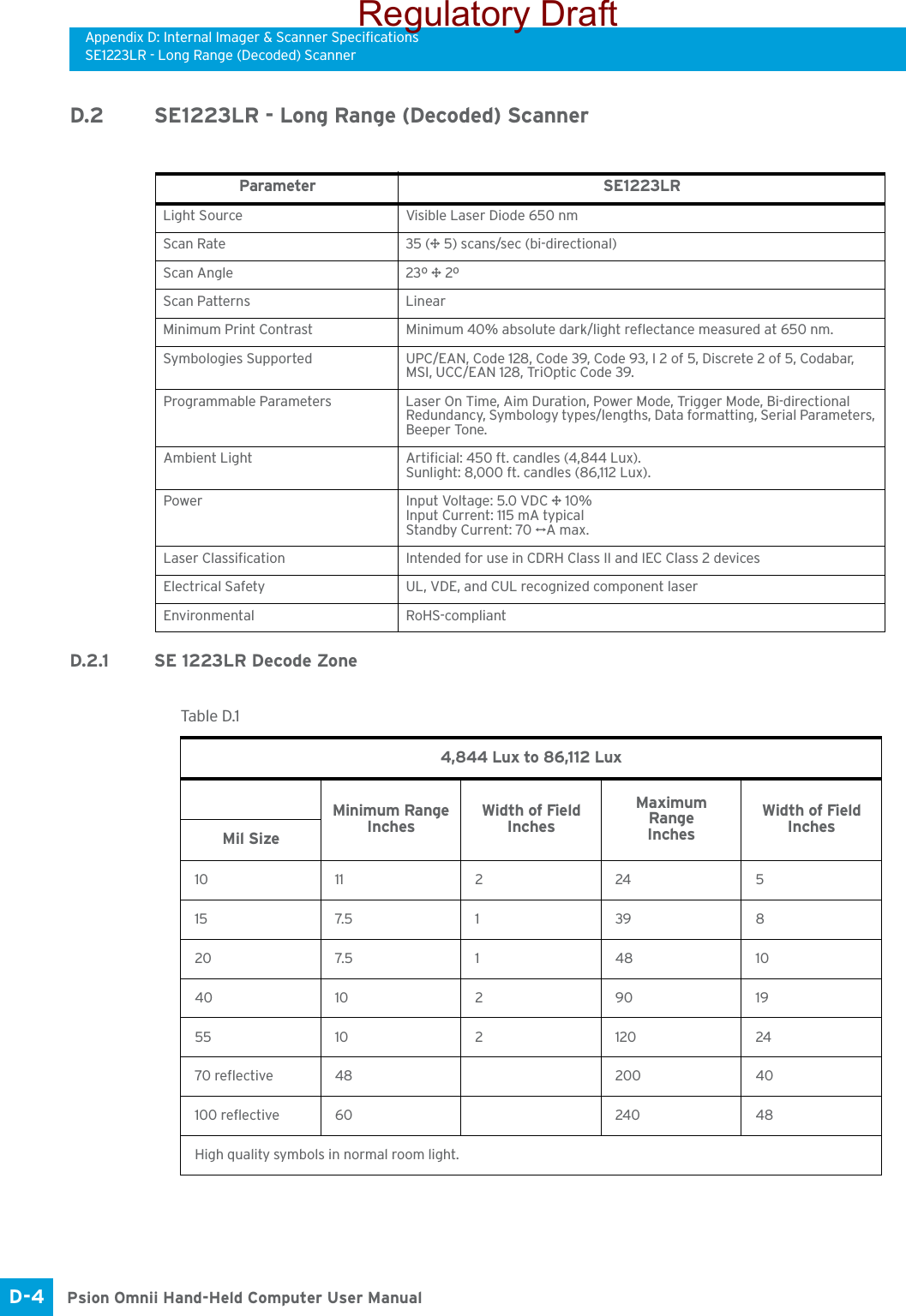 Appendix D: Internal Imager &amp; Scanner SpecificationsSE1223LR - Long Range (Decoded) ScannerPsion Omnii Hand-Held Computer User ManualD-4 D.2 SE1223LR - Long Range (Decoded) ScannerD.2.1 SE 1223LR Decode ZoneParameter SE1223LRLight Source Visible Laser Diode 650 nmScan Rate 35 (± 5) scans/sec (bi-directional)Scan Angle 23º ± 2ºScan Patterns LinearMinimum Print Contrast Minimum 40% absolute dark/light reflectance measured at 650 nm.Symbologies Supported UPC/EAN, Code 128, Code 39, Code 93, I 2 of 5, Discrete 2 of 5, Codabar, MSI, UCC/EAN 128, TriOptic Code 39.Programmable Parameters Laser On Time, Aim Duration, Power Mode, Trigger Mode, Bi-directional Redundancy, Symbology types/lengths, Data formatting, Serial Parameters, Beeper Tone.Ambient Light Artificial: 450 ft. candles (4,844 Lux).Sunlight: 8,000 ft. candles (86,112 Lux).Power Input Voltage: 5.0 VDC ± 10%Input Current: 115 mA typicalStandby Current: 70 μA max.Laser Classification Intended for use in CDRH Class II and IEC Class 2 devicesElectrical Safety UL, VDE, and CUL recognized component laserEnvironmental RoHS-compliantTable D.1  4,844 Lux to 86,112 LuxMinimum RangeInchesWidth of FieldInchesMaximum RangeInchesWidth of FieldInchesMil Size10 11 2 24 515 7.5 1 39 820 7.5 1 48 1040 10 2 90 1955 10 2 120 2470 reflective 48 200 40100 reflective 60 240 48High quality symbols in normal room light.Regulatory Draft