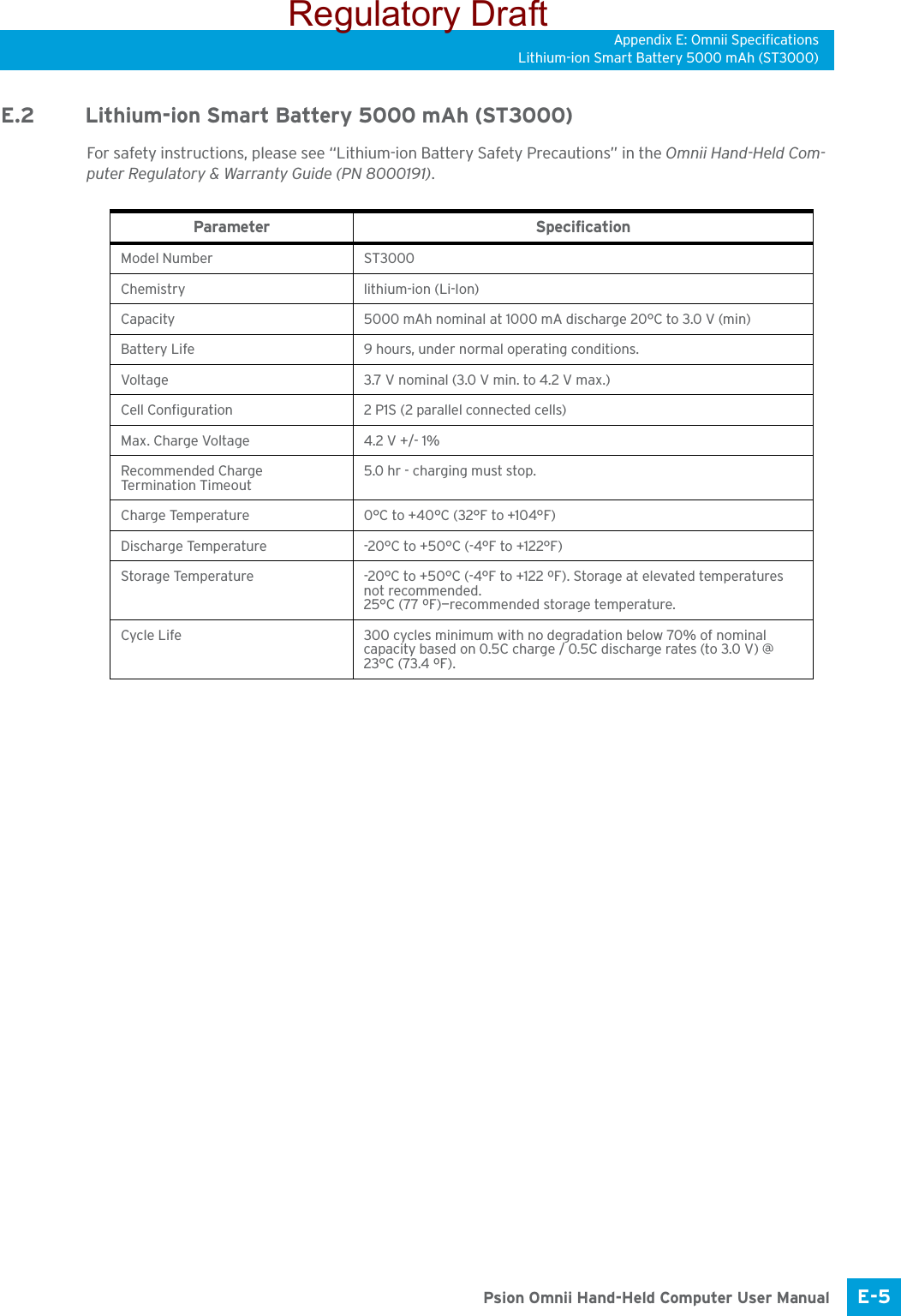 Appendix E: Omnii SpecificationsLithium-ion Smart Battery 5000 mAh (ST3000)E-5 Psion Omnii Hand-Held Computer User ManualE.2 Lithium-ion Smart Battery 5000 mAh (ST3000)For safety instructions, please see “Lithium-ion Battery Safety Precautions” in the Omnii Hand-Held Com-puter Regulatory &amp; Warranty Guide (PN 8000191).Parameter SpecificationModel Number ST3000Chemistry lithium-ion (Li-Ion)Capacity 5000 mAh nominal at 1000 mA discharge 20°C to 3.0 V (min)Battery Life 9 hours, under normal operating conditions.Voltage 3.7 V nominal (3.0 V min. to 4.2 V max.)Cell Configuration 2 P1S (2 parallel connected cells)Max. Charge Voltage 4.2 V +/- 1%Recommended Charge Termination Timeout5.0 hr - charging must stop.Charge Temperature 0°C to +40°C (32°F to +104°F)Discharge Temperature -20°C to +50°C (-4°F to +122°F)Storage Temperature -20°C to +50°C (-4°F to +122 ºF). Storage at elevated temperatures not recommended.25°C (77 ºF)—recommended storage temperature. Cycle Life 300 cycles minimum with no degradation below 70% of nominal capacity based on 0.5C charge / 0.5C discharge rates (to 3.0 V) @ 23°C (73.4 ºF).Regulatory Draft