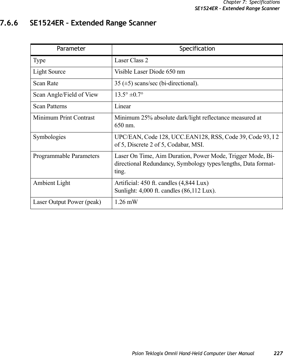 Chapter 7: SpecificationsSE1524ER – Extended Range ScannerPsion Teklogix Omnii Hand-Held Computer User Manual 2277.6.6 SE1524ER – Extended Range ScannerParameter SpecificationType Laser Class 2Light Source Visible Laser Diode 650 nmScan Rate 35 (±5) scans/sec (bi-directional).Scan Angle/Field of View 13.5° ±0.7° Scan Patterns LinearMinimum Print Contrast Minimum 25% absolute dark/light reflectance measured at 650 nm.Symbologies  UPC/EAN, Code 128, UCC.EAN128, RSS, Code 39, Code 93, I 2 of 5, Discrete 2 of 5, Codabar, MSI.Programmable Parameters Laser On Time, Aim Duration, Power Mode, Trigger Mode, Bi-directional Redundancy, Symbology types/lengths, Data format-ting.Ambient Light Artificial: 450 ft. candles (4,844 Lux)Sunlight: 4,000 ft. candles (86,112 Lux).Laser Output Power (peak) 1.26 mW   