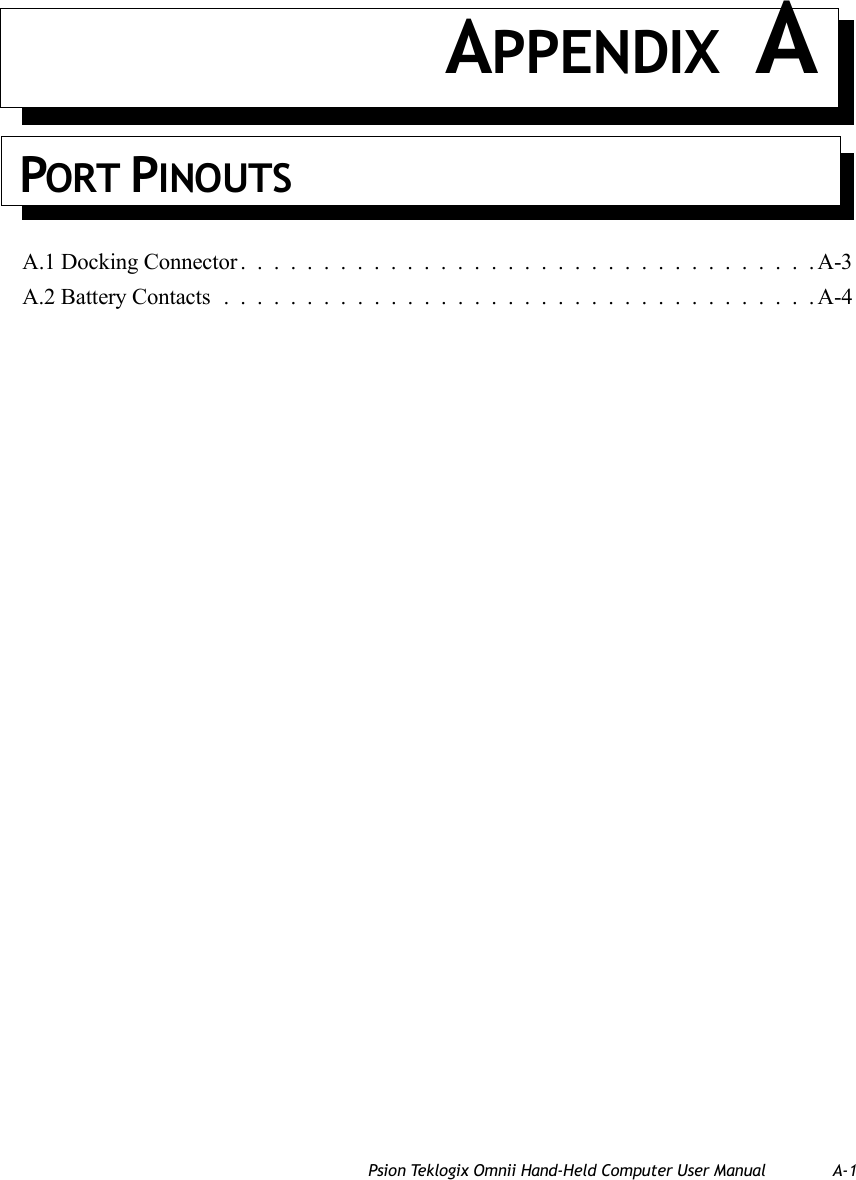 Psion Teklogix Omnii Hand-Held Computer User Manual A-1APPENDIX APORT PINOUTSA.1 Docking Connector ...................................A-3A.2 Battery Contacts....................................A-4   