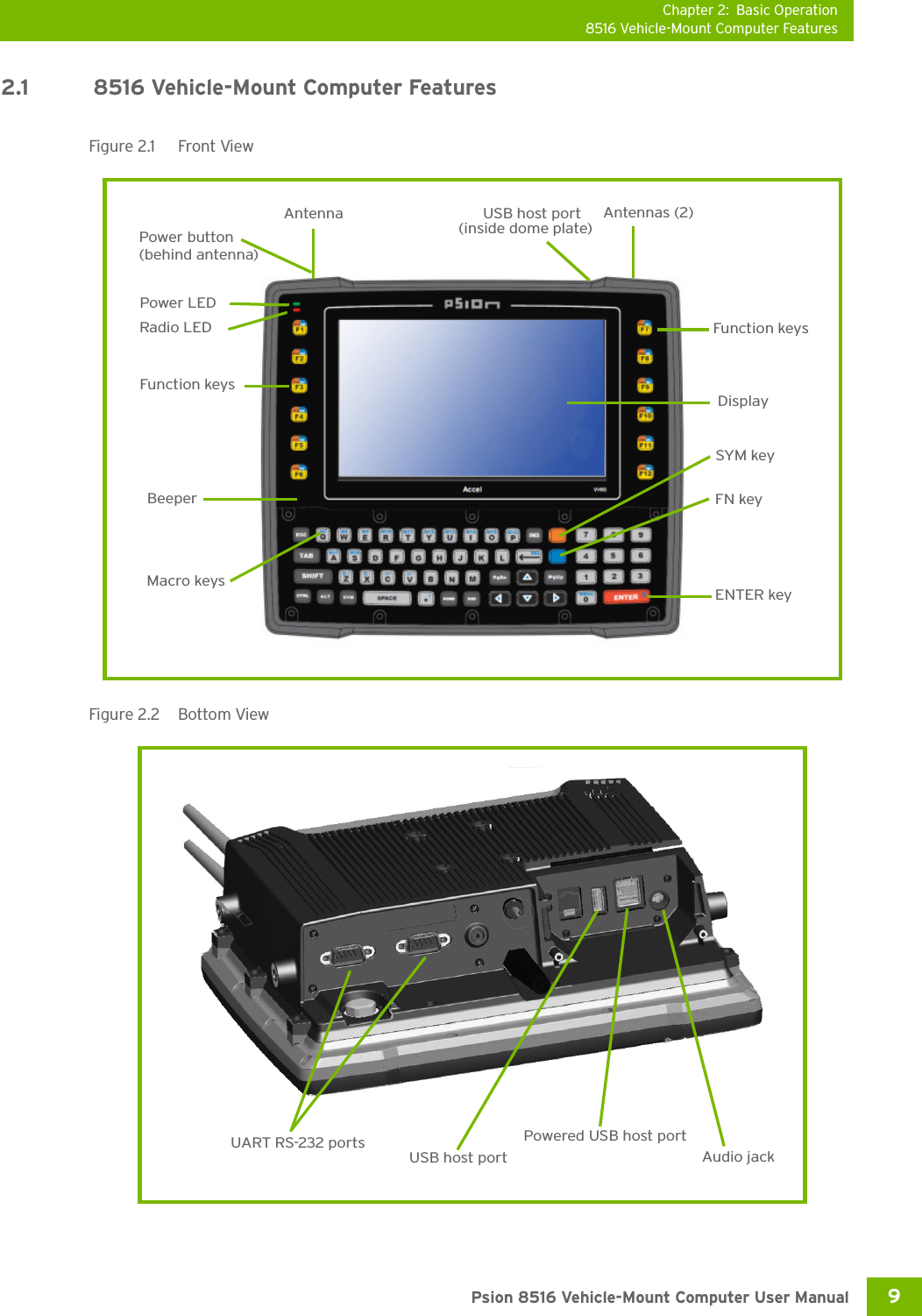 Chapter 2: Basic Operation8516 Vehicle-Mount Computer Features9 Psion 8516 Vehicle-Mount Computer User Manual2.1  8516 Vehicle-Mount Computer FeaturesFigure 2.1  Front ViewFigure 2.2  Bottom ViewDisplayFunction keysENTER keyMacro keysAntennaBeeperFunction keysPower LEDRadio LEDPower button(behind antenna)USB host port Antennas (2)(inside dome plate)FN keySYM keyAudio jackUSB host portUART RS-232 ports Powered USB host port
