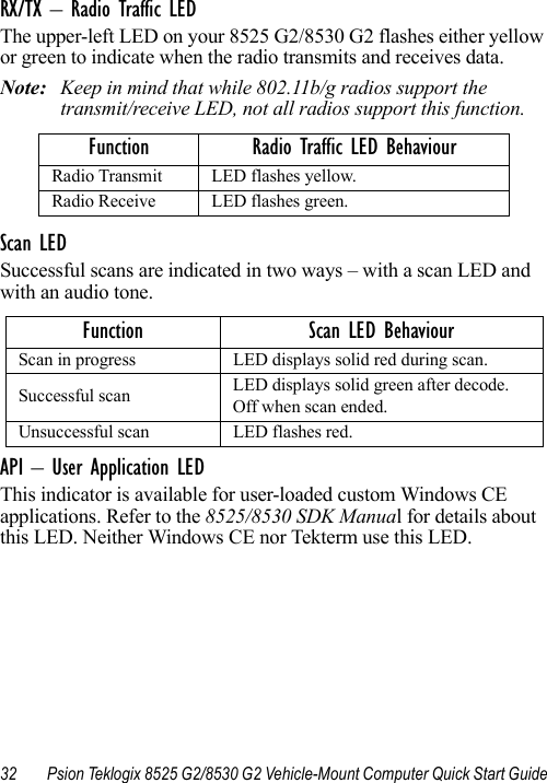 32 Psion Teklogix 8525 G2/8530 G2 Vehicle-Mount Computer Quick Start GuideRX/TX – Radio Traffic LEDThe upper-left LED on your 8525 G2/8530 G2 flashes either yellow or green to indicate when the radio transmits and receives data.Note: Keep in mind that while 802.11b/g radios support the transmit/receive LED, not all radios support this function.Scan LEDSuccessful scans are indicated in two ways – with a scan LED and with an audio tone.API – User Application LEDThis indicator is available for user-loaded custom Windows CE applications. Refer to the 8525/8530 SDK Manual for details about this LED. Neither Windows CE nor Tekterm use this LED.Function Radio Traffic LED BehaviourRadio Transmit LED flashes yellow.Radio Receive LED flashes green.Function Scan LED BehaviourScan in progress LED displays solid red during scan.Successful scan LED displays solid green after decode. Off when scan ended.Unsuccessful scan LED flashes red.