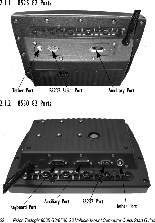 22 Psion Teklogix 8525 G2/8530 G2 Vehicle-Mount Computer Quick Start Guide2.1.1 8525 G2 Ports2.1.2 8530 G2 PortsTether Port RS232 Serial Port Auxiliary PortAuxiliary PortKeyboard Port RS232 Port Tether Port