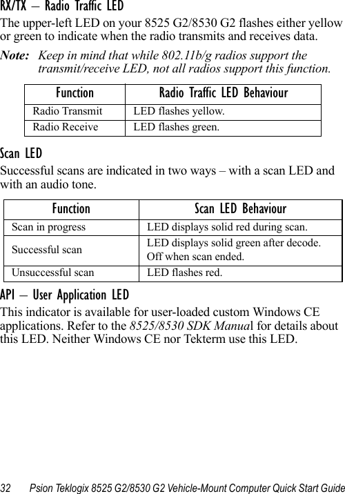 32 Psion Teklogix 8525 G2/8530 G2 Vehicle-Mount Computer Quick Start GuideRX/TX – Radio Traffic LEDThe upper-left LED on your 8525 G2/8530 G2 flashes either yellow or green to indicate when the radio transmits and receives data.Note: Keep in mind that while 802.11b/g radios support the transmit/receive LED, not all radios support this function.Scan LEDSuccessful scans are indicated in two ways – with a scan LED and with an audio tone.API – User Application LEDThis indicator is available for user-loaded custom Windows CE applications. Refer to the 8525/8530 SDK Manual for details about this LED. Neither Windows CE nor Tekterm use this LED.Function Radio Traffic LED BehaviourRadio Transmit LED flashes yellow.Radio Receive LED flashes green.Function Scan LED BehaviourScan in progress LED displays solid red during scan.Successful scan LED displays solid green after decode. Off when scan ended.Unsuccessful scan LED flashes red.