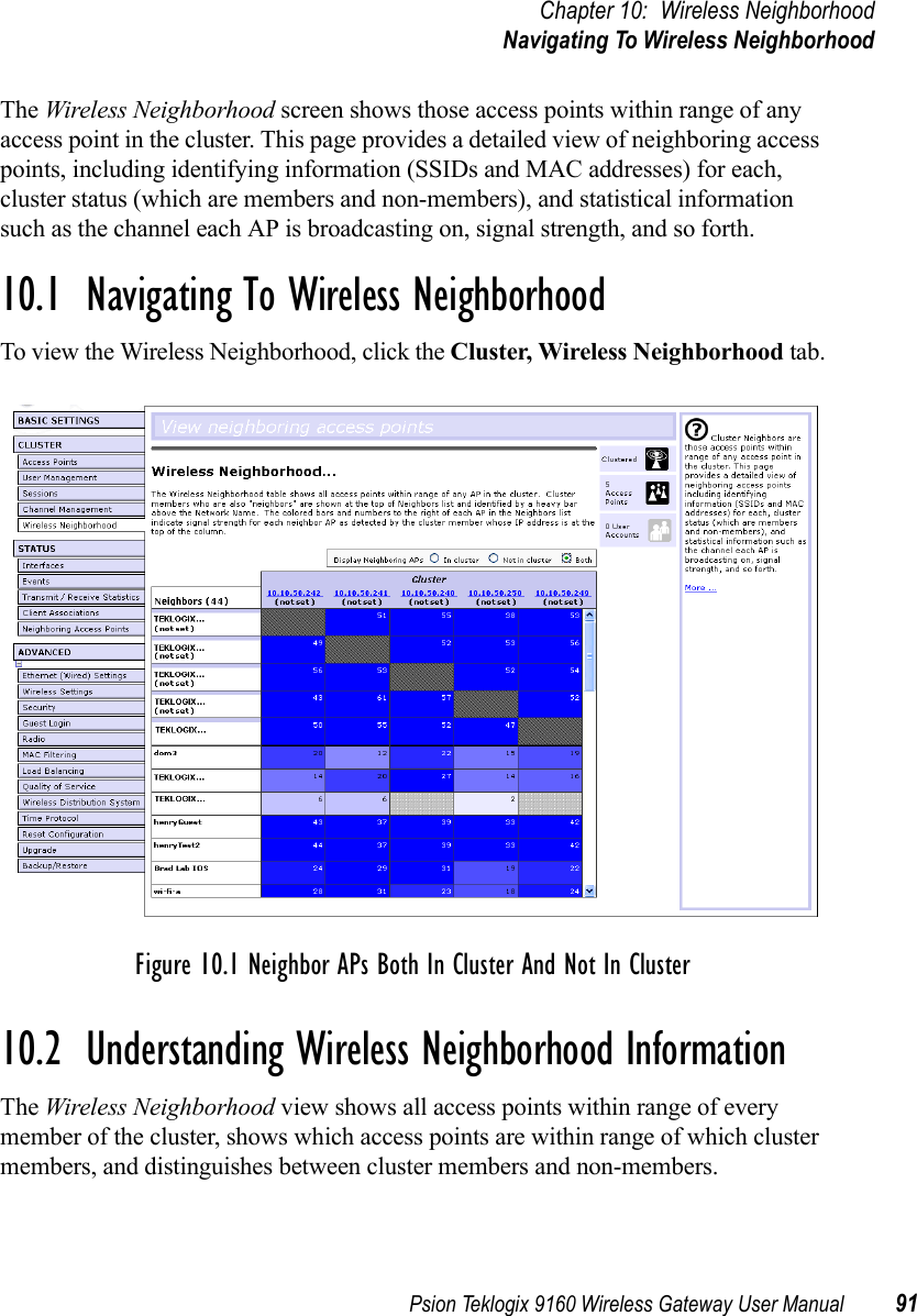 Psion Teklogix 9160 Wireless Gateway User Manual 91Chapter 10: Wireless NeighborhoodNavigating To Wireless NeighborhoodThe Wireless Neighborhood screen shows those access points within range of any access point in the cluster. This page provides a detailed view of neighboring access points, including identifying information (SSIDs and MAC addresses) for each, cluster status (which are members and non-members), and statistical information such as the channel each AP is broadcasting on, signal strength, and so forth.10.1  Navigating To Wireless NeighborhoodTo view the Wireless Neighborhood, click the Cluster, Wireless Neighborhood tab.Figure 10.1 Neighbor APs Both In Cluster And Not In Cluster10.2  Understanding Wireless Neighborhood InformationThe Wireless Neighborhood view shows all access points within range of every member of the cluster, shows which access points are within range of which cluster members, and distinguishes between cluster members and non-members.