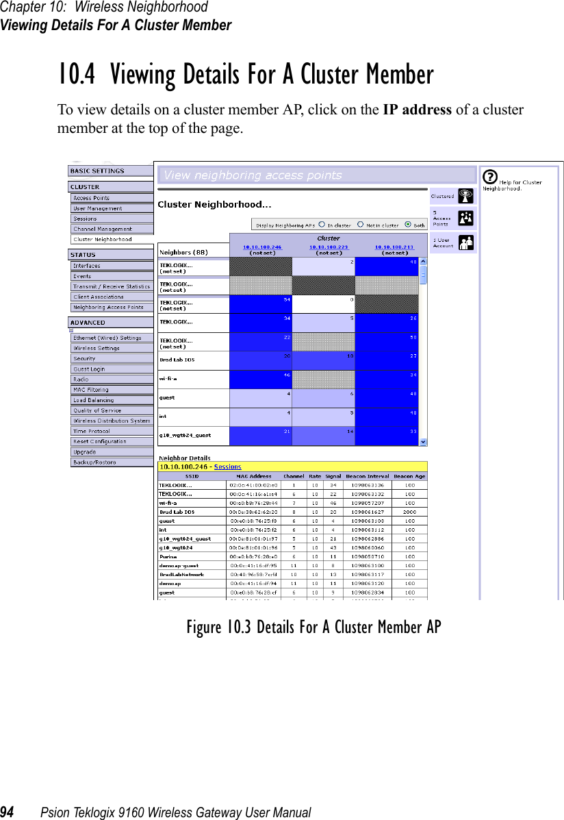 Chapter 10: Wireless NeighborhoodViewing Details For A Cluster Member94 Psion Teklogix 9160 Wireless Gateway User Manual10.4  Viewing Details For A Cluster MemberTo view details on a cluster member AP, click on the IP address of a cluster member at the top of the page.Figure 10.3 Details For A Cluster Member AP