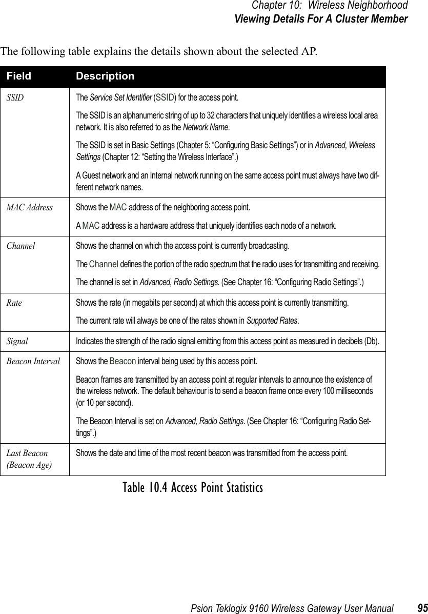 Psion Teklogix 9160 Wireless Gateway User Manual 95Chapter 10: Wireless NeighborhoodViewing Details For A Cluster MemberThe following table explains the details shown about the selected AP.Field DescriptionSSIDThe Service Set Identifier (SSID) for the access point.The SSID is an alphanumeric string of up to 32 characters that uniquely identifies a wireless local area network. It is also referred to as the Network Name.The SSID is set in Basic Settings (Chapter 5: “Configuring Basic Settings”) or in Advanced, Wireless Settings (Chapter 12: “Setting the Wireless Interface”.)A Guest network and an Internal network running on the same access point must always have two dif-ferent network names. MAC AddressShows the MAC address of the neighboring access point.A MAC address is a hardware address that uniquely identifies each node of a network. ChannelShows the channel on which the access point is currently broadcasting.The Channel defines the portion of the radio spectrum that the radio uses for transmitting and receiving.The channel is set in Advanced, Radio Settings. (See Chapter 16: “Configuring Radio Settings”.)RateShows the rate (in megabits per second) at which this access point is currently transmitting.The current rate will always be one of the rates shown in Supported Rates.SignalIndicates the strength of the radio signal emitting from this access point as measured in decibels (Db).Beacon IntervalShows the Beacon interval being used by this access point.Beacon frames are transmitted by an access point at regular intervals to announce the existence of the wireless network. The default behaviour is to send a beacon frame once every 100 milliseconds (or 10 per second).The Beacon Interval is set on Advanced, Radio Settings. (See Chapter 16: “Configuring Radio Set-tings”.)Last Beacon(Beacon Age)Shows the date and time of the most recent beacon was transmitted from the access point.Table 10.4 Access Point Statistics