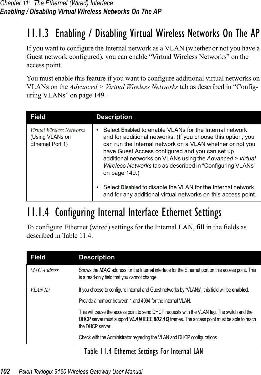 Chapter 11: The Ethernet (Wired) InterfaceEnabling / Disabling Virtual Wireless Networks On The AP102 Psion Teklogix 9160 Wireless Gateway User Manual11.1.3  Enabling / Disabling Virtual Wireless Networks On The APIf you want to configure the Internal network as a VLAN (whether or not you have a Guest network configured), you can enable “Virtual Wireless Networks” on the access point.You must enable this feature if you want to configure additional virtual networks on VLANs on the Advanced &gt; Virtual Wireless Networks tab as described in “Config-uring VLANs” on page 149.11.1.4  Configuring Internal Interface Ethernet SettingsTo configure Ethernet (wired) settings for the Internal LAN, fill in the fields as described in Table 11.4.Field DescriptionVirtual Wireless Networks(Using VLANs on Ethernet Port 1)•Select Enabled to enable VLANs for the Internal network and for additional networks. (If you choose this option, you can run the Internal network on a VLAN whether or not you have Guest Access configured and you can set up additional networks on VLANs using the Advanced &gt; Virtual Wireless Networks tab as described in “Configuring VLANs” on page 149.)•Select Disabled to disable the VLAN for the Internal network, and for any additional virtual networks on this access point.Field DescriptionMAC AddressShows the MAC address for the Internal interface for the Ethernet port on this access point. This is a read-only field that you cannot change.VLAN IDIf you choose to configure Internal and Guest networks by “VLANs”, this field will be enabled.Provide a number between 1 and 4094 for the Internal VLAN.This will cause the access point to send DHCP requests with the VLAN tag. The switch and the DHCP server must support VLAN IEEE 802.1Q frames. The access point must be able to reach the DHCP server.Check with the Administrator regarding the VLAN and DHCP configurations.Table 11.4 Ethernet Settings For Internal LAN