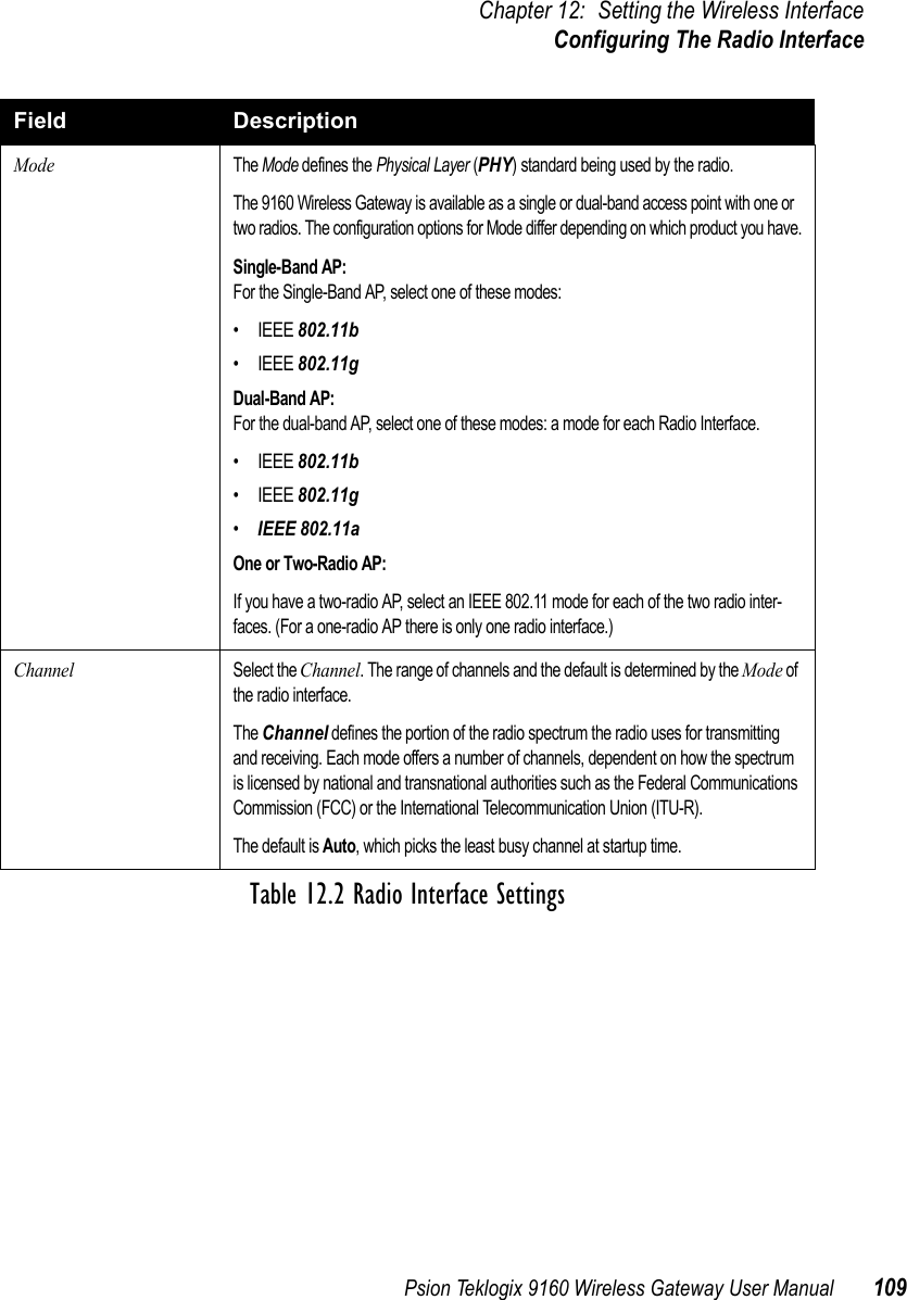 Psion Teklogix 9160 Wireless Gateway User Manual 109Chapter 12: Setting the Wireless InterfaceConfiguring The Radio InterfaceModeThe Mode defines the Physical Layer (PHY) standard being used by the radio.The 9160 Wireless Gateway is available as a single or dual-band access point with one or two radios. The configuration options for Mode differ depending on which product you have.Single-Band AP:For the Single-Band AP, select one of these modes:• IEEE 802.11b• IEEE 802.11gDual-Band AP:For the dual-band AP, select one of these modes: a mode for each Radio Interface.• IEEE 802.11b• IEEE 802.11g•IEEE 802.11aOne or Two-Radio AP:If you have a two-radio AP, select an IEEE 802.11 mode for each of the two radio inter-faces. (For a one-radio AP there is only one radio interface.)ChannelSelect the Channel. The range of channels and the default is determined by the Mode of the radio interface.The Channel defines the portion of the radio spectrum the radio uses for transmitting and receiving. Each mode offers a number of channels, dependent on how the spectrum is licensed by national and transnational authorities such as the Federal Communications Commission (FCC) or the International Telecommunication Union (ITU-R).The default is Auto, which picks the least busy channel at startup time.Field DescriptionTable 12.2 Radio Interface Settings