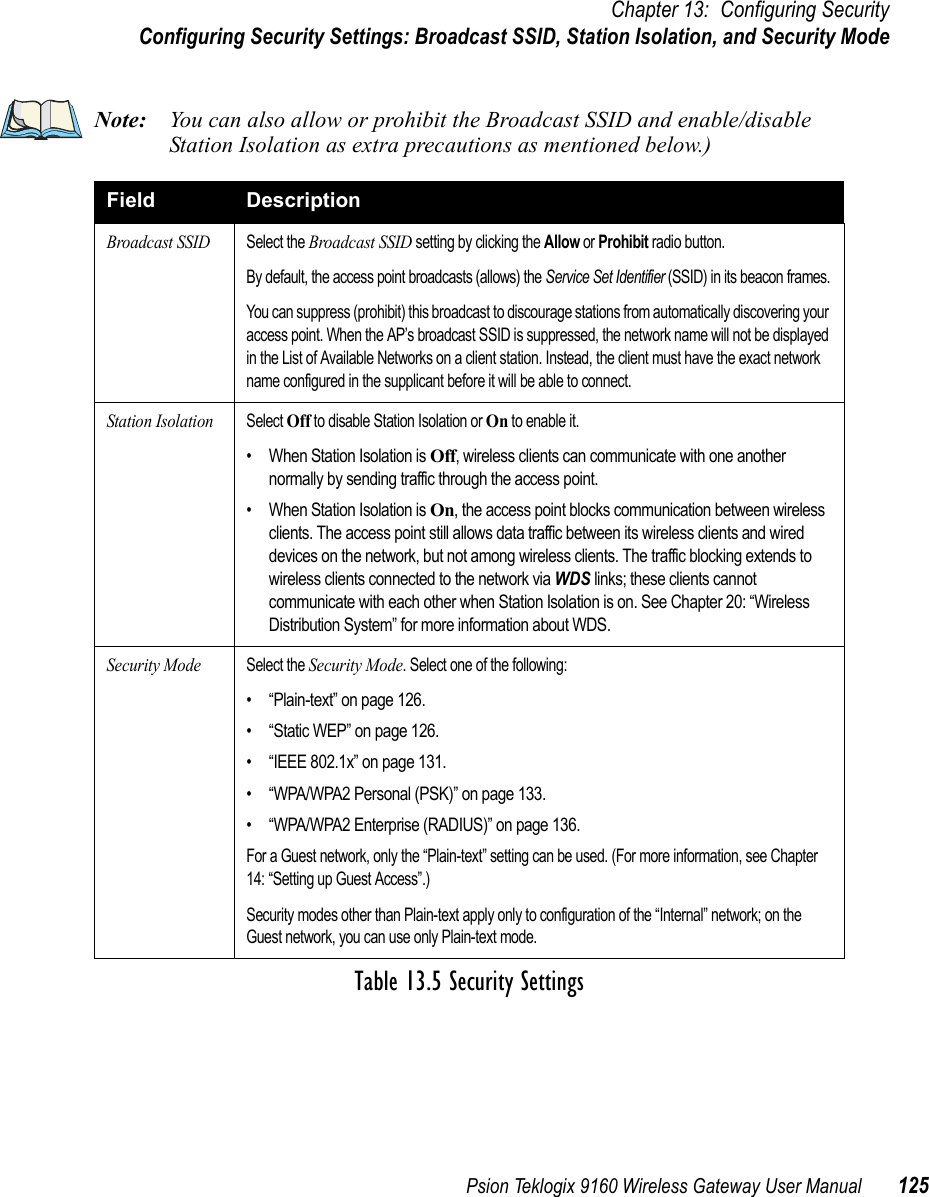 Psion Teklogix 9160 Wireless Gateway User Manual 125Chapter 13: Configuring SecurityConfiguring Security Settings: Broadcast SSID, Station Isolation, and Security ModeNote: You can also allow or prohibit the Broadcast SSID and enable/disable Station Isolation as extra precautions as mentioned below.)Field DescriptionBroadcast SSIDSelect the Broadcast SSID setting by clicking the Allow or Prohibit radio button. By default, the access point broadcasts (allows) the Service Set Identifier (SSID) in its beacon frames.You can suppress (prohibit) this broadcast to discourage stations from automatically discovering your access point. When the AP’s broadcast SSID is suppressed, the network name will not be displayed in the List of Available Networks on a client station. Instead, the client must have the exact network name configured in the supplicant before it will be able to connect.Station IsolationSelect Off to disable Station Isolation or On to enable it.• When Station Isolation is Off, wireless clients can communicate with one another normally by sending traffic through the access point.• When Station Isolation is On, the access point blocks communication between wireless clients. The access point still allows data traffic between its wireless clients and wired devices on the network, but not among wireless clients. The traffic blocking extends to wireless clients connected to the network via WDS links; these clients cannot communicate with each other when Station Isolation is on. See Chapter 20: “Wireless Distribution System” for more information about WDS.Security ModeSelect the Security Mode. Select one of the following:• “Plain-text” on page 126.• “Static WEP” on page 126.• “IEEE 802.1x” on page 131.• “WPA/WPA2 Personal (PSK)” on page 133.• “WPA/WPA2 Enterprise (RADIUS)” on page 136.For a Guest network, only the “Plain-text” setting can be used. (For more information, see Chapter 14: “Setting up Guest Access”.)Security modes other than Plain-text apply only to configuration of the “Internal” network; on the Guest network, you can use only Plain-text mode.Table 13.5 Security Settings