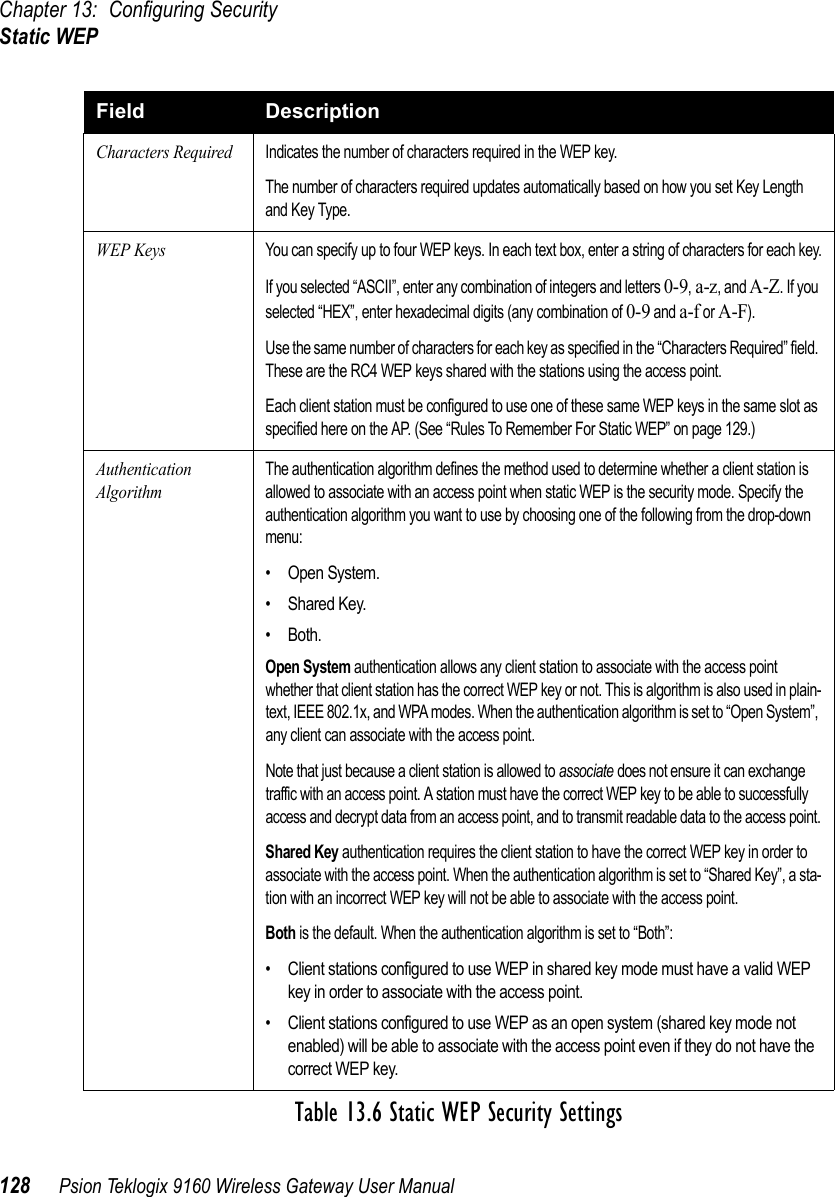 Chapter 13: Configuring SecurityStatic WEP128 Psion Teklogix 9160 Wireless Gateway User ManualCharacters RequiredIndicates the number of characters required in the WEP key. The number of characters required updates automatically based on how you set Key Length and Key Type.WEP KeysYou can specify up to four WEP keys. In each text box, enter a string of characters for each key.If you selected “ASCII”, enter any combination of integers and letters 0-9, a-z, and A-Z. If you selected “HEX”, enter hexadecimal digits (any combination of 0-9 and a-f or A-F).Use the same number of characters for each key as specified in the “Characters Required” field. These are the RC4 WEP keys shared with the stations using the access point.Each client station must be configured to use one of these same WEP keys in the same slot as specified here on the AP. (See “Rules To Remember For Static WEP” on page 129.)Authentication AlgorithmThe authentication algorithm defines the method used to determine whether a client station is allowed to associate with an access point when static WEP is the security mode. Specify the authentication algorithm you want to use by choosing one of the following from the drop-down menu:• Open System.•Shared Key.•Both.Open System authentication allows any client station to associate with the access point whether that client station has the correct WEP key or not. This is algorithm is also used in plain-text, IEEE 802.1x, and WPA modes. When the authentication algorithm is set to “Open System”, any client can associate with the access point.Note that just because a client station is allowed to associate does not ensure it can exchange traffic with an access point. A station must have the correct WEP key to be able to successfully access and decrypt data from an access point, and to transmit readable data to the access point.Shared Key authentication requires the client station to have the correct WEP key in order to associate with the access point. When the authentication algorithm is set to “Shared Key”, a sta-tion with an incorrect WEP key will not be able to associate with the access point.Both is the default. When the authentication algorithm is set to “Both”:• Client stations configured to use WEP in shared key mode must have a valid WEP key in order to associate with the access point.• Client stations configured to use WEP as an open system (shared key mode not enabled) will be able to associate with the access point even if they do not have the correct WEP key.Field DescriptionTable 13.6 Static WEP Security Settings