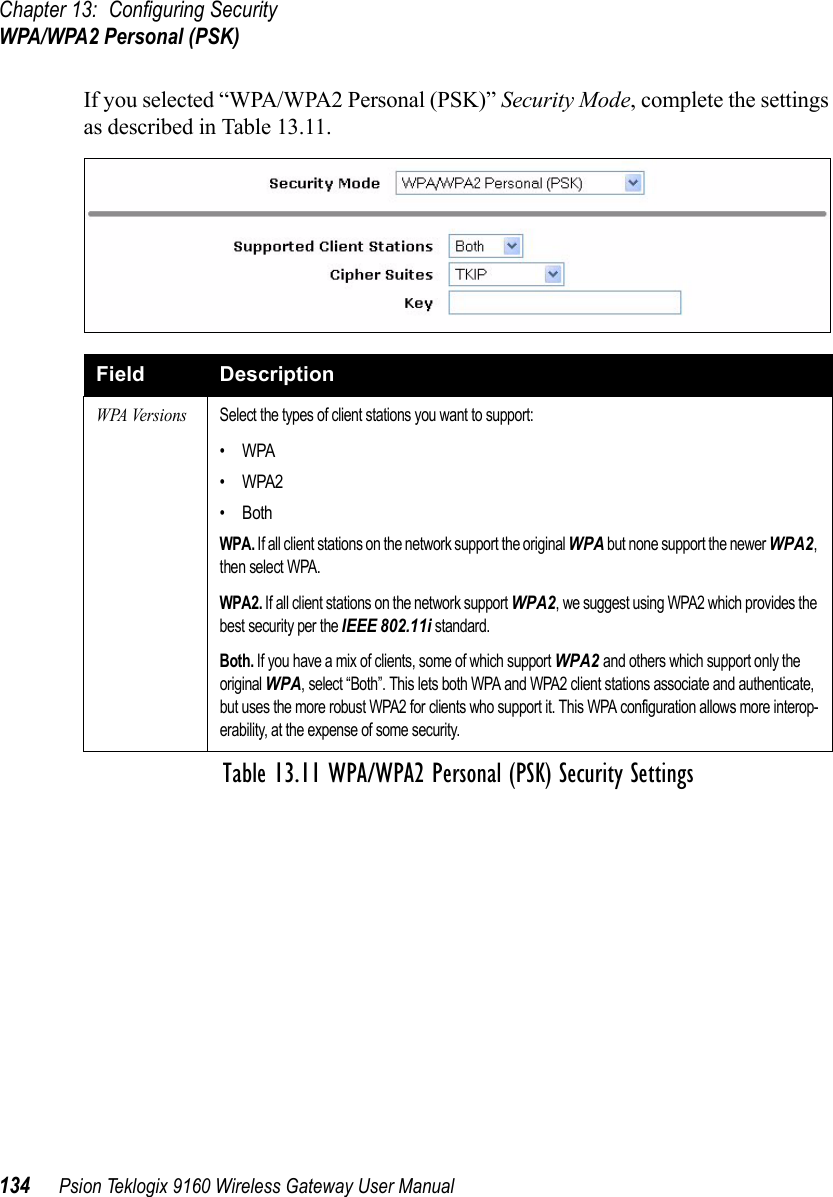 Chapter 13: Configuring SecurityWPA/WPA2 Personal (PSK)134 Psion Teklogix 9160 Wireless Gateway User ManualIf you selected “WPA/WPA2 Personal (PSK)” Security Mode, complete the settings as described in Table 13.11.Field DescriptionWPA VersionsSelect the types of client stations you want to support:•WPA•WPA2•BothWPA. If all client stations on the network support the original WPA but none support the newer WPA2, then select WPA.WPA2. If all client stations on the network support WPA2, we suggest using WPA2 which provides the best security per the IEEE 802.11i standard.Both. If you have a mix of clients, some of which support WPA2 and others which support only the original WPA, select “Both”. This lets both WPA and WPA2 client stations associate and authenticate, but uses the more robust WPA2 for clients who support it. This WPA configuration allows more interop-erability, at the expense of some security. Table 13.11 WPA/WPA2 Personal (PSK) Security Settings