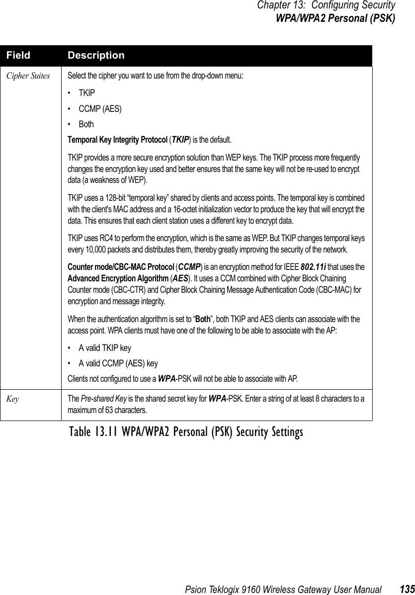 Psion Teklogix 9160 Wireless Gateway User Manual 135Chapter 13: Configuring SecurityWPA/WPA2 Personal (PSK)Cipher SuitesSelect the cipher you want to use from the drop-down menu:•TKIP• CCMP (AES)•BothTemporal Key Integrity Protocol (TKIP) is the default.TKIP provides a more secure encryption solution than WEP keys. The TKIP process more frequently changes the encryption key used and better ensures that the same key will not be re-used to encrypt data (a weakness of WEP). TKIP uses a 128-bit “temporal key” shared by clients and access points. The temporal key is combined with the client&apos;s MAC address and a 16-octet initialization vector to produce the key that will encrypt the data. This ensures that each client station uses a different key to encrypt data. TKIP uses RC4 to perform the encryption, which is the same as WEP. But TKIP changes temporal keys every 10,000 packets and distributes them, thereby greatly improving the security of the network.Counter mode/CBC-MAC Protocol (CCMP) is an encryption method for IEEE 802.11i that uses the Advanced Encryption Algorithm (AES). It uses a CCM combined with Cipher Block Chaining Counter mode (CBC-CTR) and Cipher Block Chaining Message Authentication Code (CBC-MAC) for encryption and message integrity.When the authentication algorithm is set to “Both”, both TKIP and AES clients can associate with the access point. WPA clients must have one of the following to be able to associate with the AP:• A valid TKIP key• A valid CCMP (AES) keyClients not configured to use a WPA-PSK will not be able to associate with AP.KeyThe Pre-shared Key is the shared secret key for WPA-PSK. Enter a string of at least 8 characters to a maximum of 63 characters. Field DescriptionTable 13.11 WPA/WPA2 Personal (PSK) Security Settings