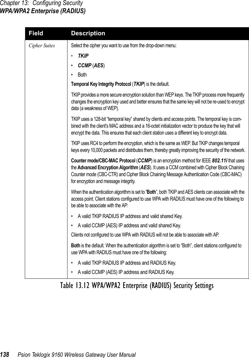 Chapter 13: Configuring SecurityWPA/WPA2 Enterprise (RADIUS)138 Psion Teklogix 9160 Wireless Gateway User ManualCipher SuitesSelect the cipher you want to use from the drop-down menu:•TKIP•CCMP (AES)•BothTemporal Key Integrity Protocol (TKIP) is the default.TKIP provides a more secure encryption solution than WEP keys. The TKIP process more frequently changes the encryption key used and better ensures that the same key will not be re-used to encrypt data (a weakness of WEP). TKIP uses a 128-bit “temporal key” shared by clients and access points. The temporal key is com-bined with the client&apos;s MAC address and a 16-octet initialization vector to produce the key that will encrypt the data. This ensures that each client station uses a different key to encrypt data. TKIP uses RC4 to perform the encryption, which is the same as WEP. But TKIP changes temporal keys every 10,000 packets and distributes them, thereby greatly improving the security of the network.Counter mode/CBC-MAC Protocol (CCMP) is an encryption method for IEEE 802.11i that uses the Advanced Encryption Algorithm (AES). It uses a CCM combined with Cipher Block Chaining Counter mode (CBC-CTR) and Cipher Block Chaining Message Authentication Code (CBC-MAC) for encryption and message integrity.When the authentication algorithm is set to “Both”, both TKIP and AES clients can associate with the access point. Client stations configured to use WPA with RADIUS must have one of the following to be able to associate with the AP:• A valid TKIP RADIUS IP address and valid shared Key.• A valid CCMP (AES) IP address and valid shared Key.Clients not configured to use WPA with RADIUS will not be able to associate with AP.Both is the default. When the authentication algorithm is set to “Both”, client stations configured to use WPA with RADIUS must have one of the following:• A valid TKIP RADIUS IP address and RADIUS Key.• A valid CCMP (AES) IP address and RADIUS Key.Field DescriptionTable 13.12 WPA/WPA2 Enterprise (RADIUS) Security Settings