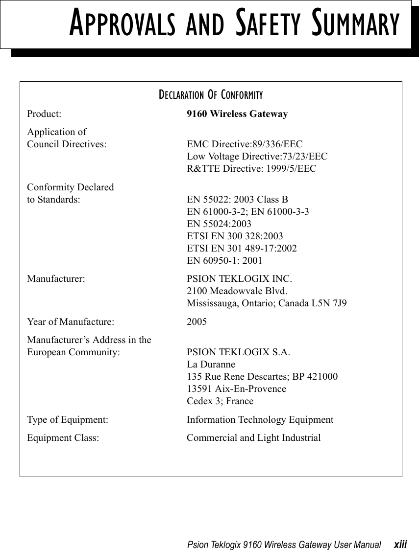 Psion Teklogix 9160 Wireless Gateway User Manual xiiiAPPROVALS AND SAFETY SUMMARYDECLARATION OF CONFORMITYProduct: 9160 Wireless GatewayApplication of Council Directives: EMC Directive:89/336/EECLow Voltage Directive:73/23/EECR&amp;TTE Directive: 1999/5/EECConformity Declared to Standards:  EN 55022: 2003 Class BEN 61000-3-2; EN 61000-3-3EN 55024:2003ETSI EN 300 328:2003ETSI EN 301 489-17:2002EN 60950-1: 2001Manufacturer: PSION TEKLOGIX INC.2100 Meadowvale Blvd.Mississauga, Ontario; Canada L5N 7J9Year of Manufacture: 2005Manufacturer’s Address in the European Community: PSION TEKLOGIX S.A.La Duranne135 Rue Rene Descartes; BP 42100013591 Aix-En-ProvenceCedex 3; FranceType of Equipment: Information Technology EquipmentEquipment Class: Commercial and Light Industrial