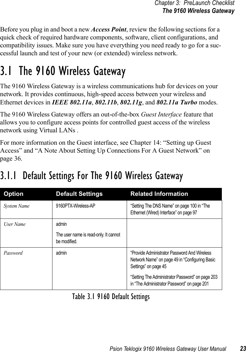 Psion Teklogix 9160 Wireless Gateway User Manual 23Chapter 3: PreLaunch ChecklistThe 9160 Wireless GatewayBefore you plug in and boot a new Access Point, review the following sections for a quick check of required hardware components, software, client configurations, and compatibility issues. Make sure you have everything you need ready to go for a suc-cessful launch and test of your new (or extended) wireless network.3.1  The 9160 Wireless GatewayThe 9160 Wireless Gateway is a wireless communications hub for devices on your network. It provides continuous, high-speed access between your wireless and Ethernet devices in IEEE 802.11a, 802.11b, 802.11g, and 802.11a Turbo modes.The 9160 Wireless Gateway offers an out-of-the-box Guest Interface feature that allows you to configure access points for controlled guest access of the wireless network using Virtual LANs . For more information on the Guest interface, see Chapter 14: “Setting up Guest Access” and “A Note About Setting Up Connections For A Guest Network” on page 36.3.1.1  Default Settings For The 9160 Wireless GatewayOption Default Settings Related InformationSystem Name9160PTX-Wireless-AP “Setting The DNS Name” on page 100 in “The Ethernet (Wired) Interface” on page 97User NameadminThe user name is read-only. It cannot be modified.Passwordadmin “Provide Administrator Password And Wireless Network Name” on page 49 in “Configuring Basic Settings” on page 45“Setting The Administrator Password” on page 203 in “The Administrator Password” on page 201Table 3.1 9160 Default Settings