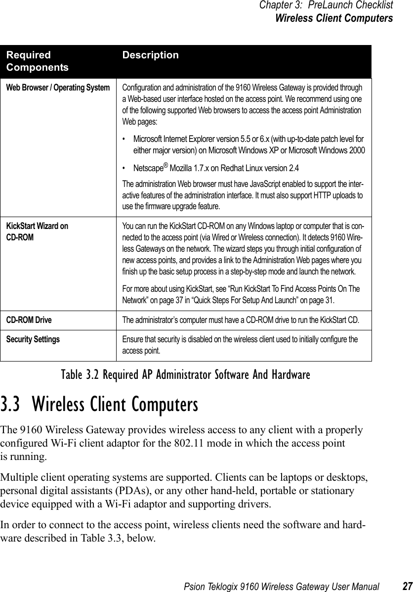 Psion Teklogix 9160 Wireless Gateway User Manual 27Chapter 3: PreLaunch ChecklistWireless Client Computers3.3  Wireless Client ComputersThe 9160 Wireless Gateway provides wireless access to any client with a properly configured Wi-Fi client adaptor for the 802.11 mode in which the access point is running.Multiple client operating systems are supported. Clients can be laptops or desktops, personal digital assistants (PDAs), or any other hand-held, portable or stationary device equipped with a Wi-Fi adaptor and supporting drivers.In order to connect to the access point, wireless clients need the software and hard-ware described in Table 3.3, below.Web Browser / Operating SystemConfiguration and administration of the 9160 Wireless Gateway is provided through a Web-based user interface hosted on the access point. We recommend using one of the following supported Web browsers to access the access point Administration Web pages:• Microsoft Internet Explorer version 5.5 or 6.x (with up-to-date patch level for either major version) on Microsoft Windows XP or Microsoft Windows 2000•Netscape® Mozilla 1.7.x on Redhat Linux version 2.4The administration Web browser must have JavaScript enabled to support the inter-active features of the administration interface. It must also support HTTP uploads to use the firmware upgrade feature.KickStart Wizard onCD-ROMYou can run the KickStart CD-ROM on any Windows laptop or computer that is con-nected to the access point (via Wired or Wireless connection). It detects 9160 Wire-less Gateways on the network. The wizard steps you through initial configuration of new access points, and provides a link to the Administration Web pages where you finish up the basic setup process in a step-by-step mode and launch the network.For more about using KickStart, see “Run KickStart To Find Access Points On The Network” on page 37 in “Quick Steps For Setup And Launch” on page 31.CD-ROM DriveThe administrator’s computer must have a CD-ROM drive to run the KickStart CD.Security SettingsEnsure that security is disabled on the wireless client used to initially configure the access point.Required ComponentsDescriptionTable 3.2 Required AP Administrator Software And Hardware