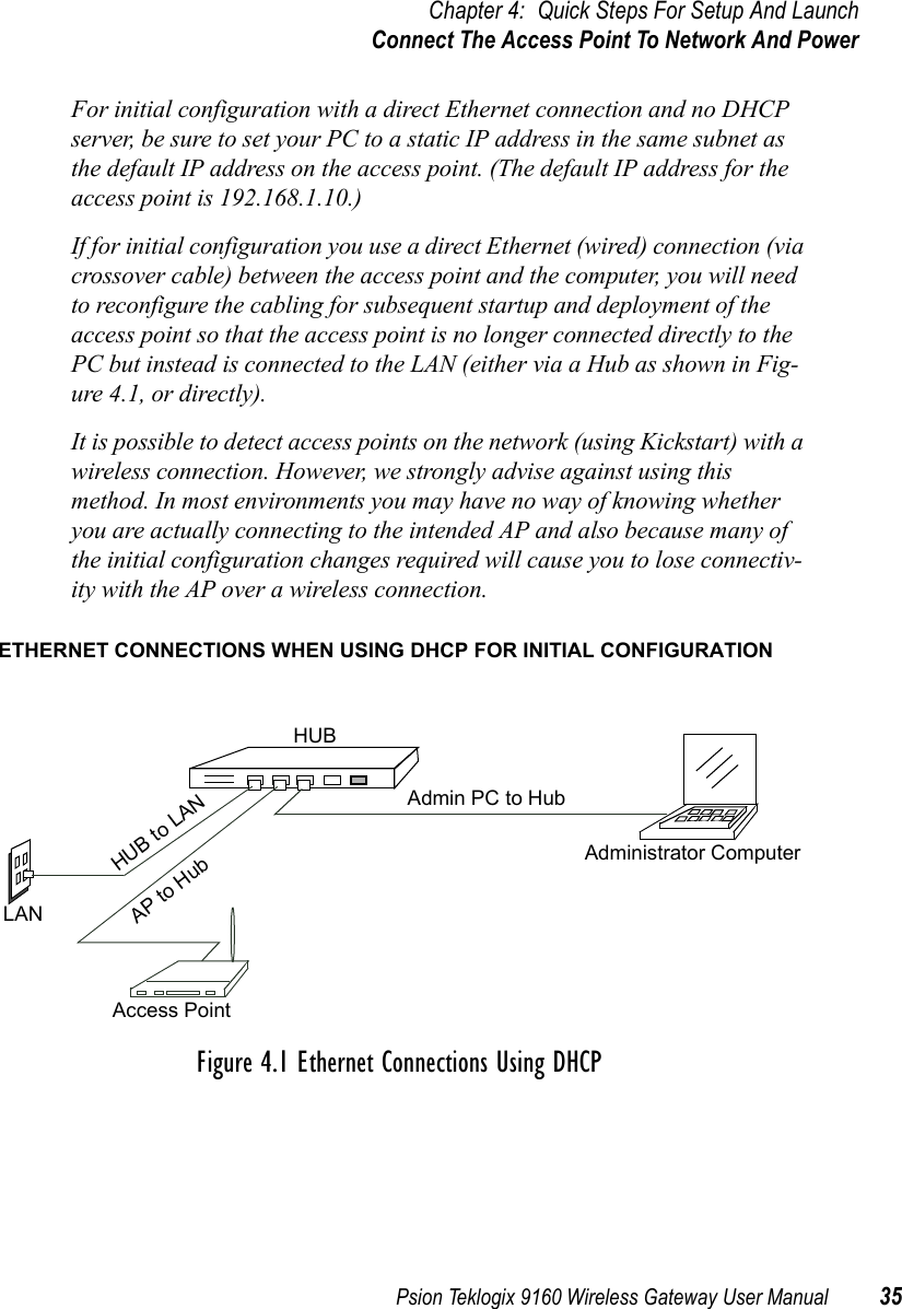 Psion Teklogix 9160 Wireless Gateway User Manual 35Chapter 4: Quick Steps For Setup And LaunchConnect The Access Point To Network And PowerFor initial configuration with a direct Ethernet connection and no DHCP server, be sure to set your PC to a static IP address in the same subnet as the default IP address on the access point. (The default IP address for the access point is 192.168.1.10.)If for initial configuration you use a direct Ethernet (wired) connection (via crossover cable) between the access point and the computer, you will need to reconfigure the cabling for subsequent startup and deployment of the access point so that the access point is no longer connected directly to the PC but instead is connected to the LAN (either via a Hub as shown in Fig-ure 4.1, or directly).It is possible to detect access points on the network (using Kickstart) with a wireless connection. However, we strongly advise against using this method. In most environments you may have no way of knowing whether you are actually connecting to the intended AP and also because many of the initial configuration changes required will cause you to lose connectiv-ity with the AP over a wireless connection.Figure 4.1 Ethernet Connections Using DHCPAdministrator ComputerAccess PointHUB to LANAP to HubAdmin PC to HubLANHUBETHERNET CONNECTIONS WHEN USING DHCP FOR INITIAL CONFIGURATION