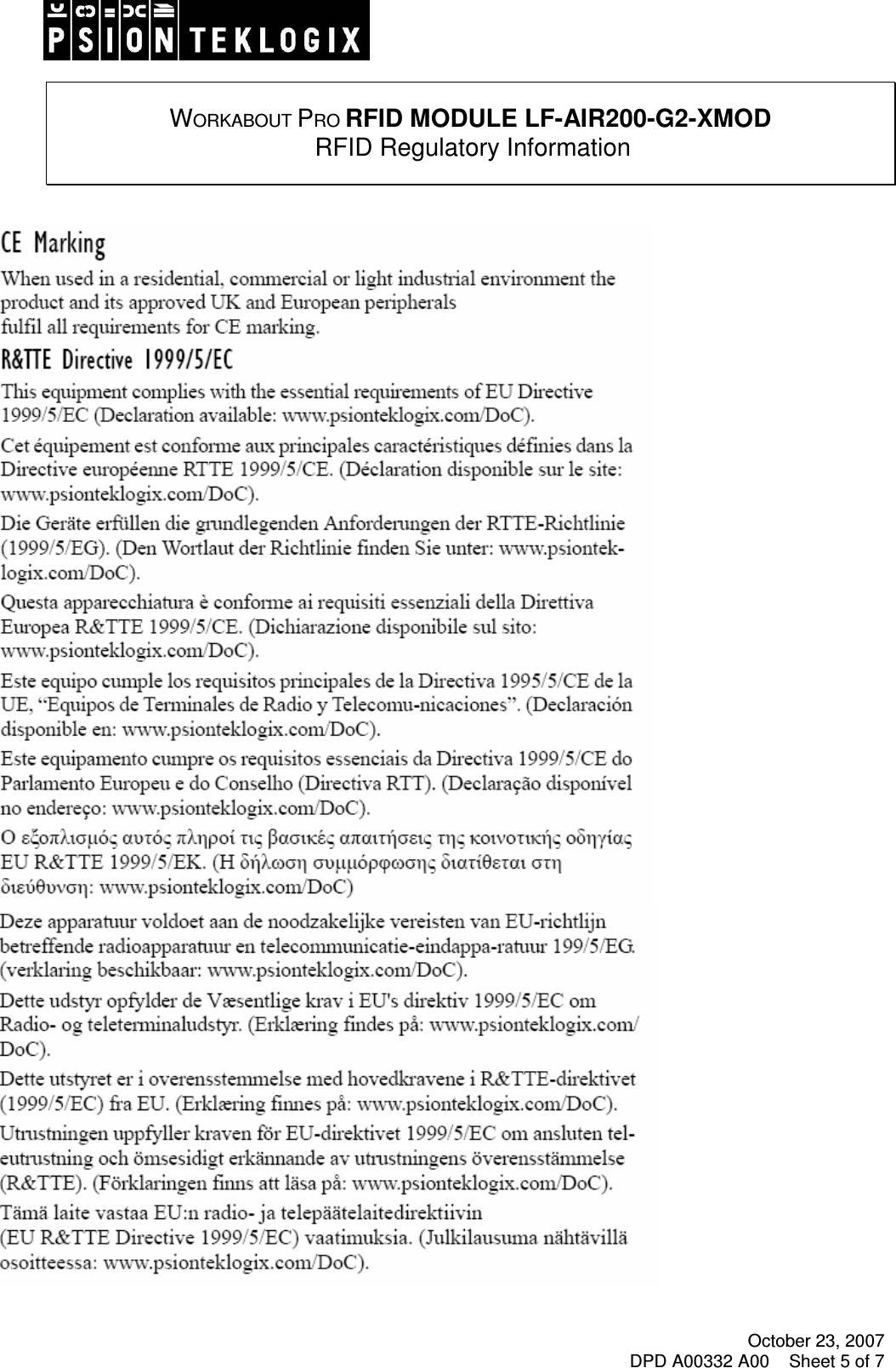 October 23, 2007 DPD A00332 A00    Sheet 5 of 7     WORKABOUT PRO RFID MODULE LF-AIR200-G2-XMOD  RFID Regulatory Information     