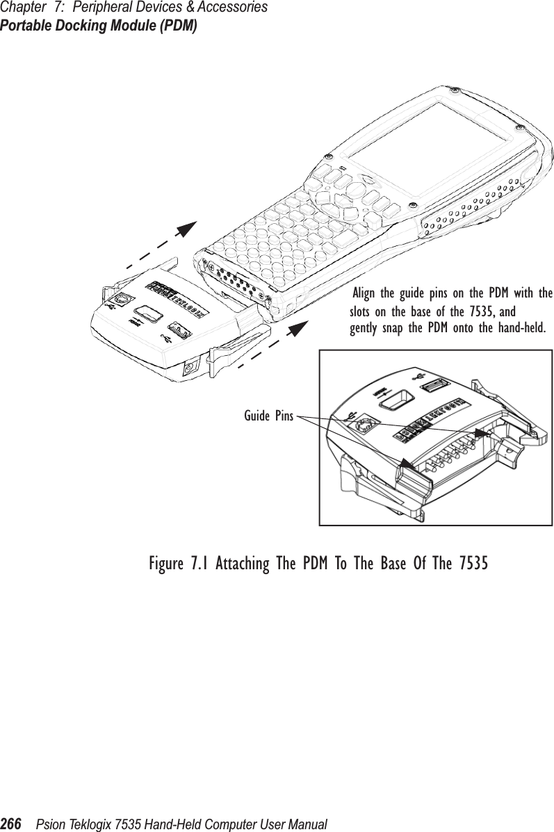 Chapter 7: Peripheral Devices &amp; AccessoriesPortable Docking Module (PDM)266 Psion Teklogix 7535 Hand-Held Computer User ManualFigure 7.1 Attaching The PDM To The Base Of The 7535Align the guide pins on the PDM with theslots on the base of the 7535, andGuide Pinsgently snap the PDM onto the hand-held.