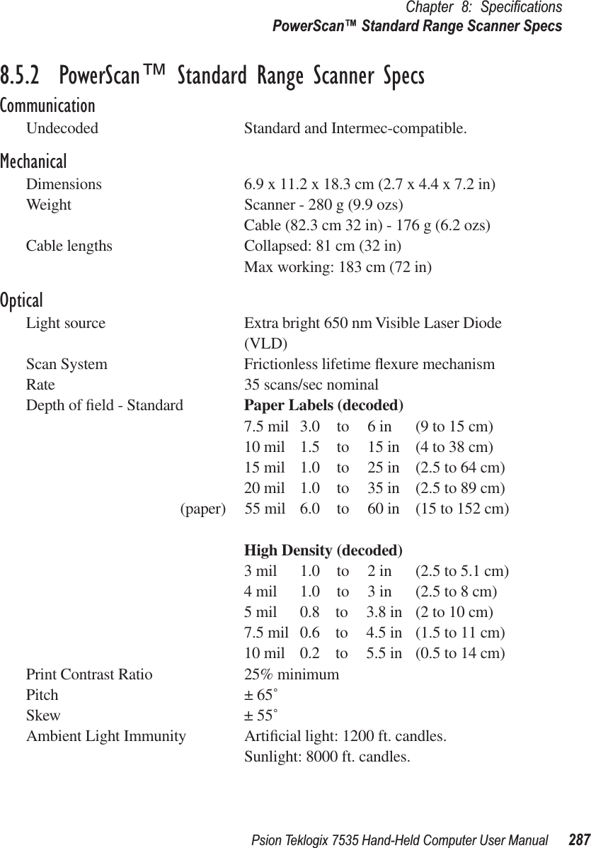 Psion Teklogix 7535 Hand-Held Computer User Manual 287Chapter 8: SpeciﬁcationsPowerScan™ Standard Range Scanner Specs8.5.2  PowerScan™ Standard Range Scanner SpecsCommunicationUndecoded Standard and Intermec-compatible. MechanicalDimensions 6.9 x 11.2 x 18.3 cm (2.7 x 4.4 x 7.2 in)Weight Scanner - 280 g (9.9 ozs)Cable (82.3 cm 32 in) - 176 g (6.2 ozs)Cable lengths Collapsed: 81 cm (32 in)Max working: 183 cm (72 in)OpticalLight source Extra bright 650 nm Visible Laser Diode (VLD)Scan System Frictionless lifetime ﬂexure mechanismRate 35 scans/sec nominalDepth of ﬁeld - Standard Paper Labels (decoded)7.5 mil 3.0 to 6 in (9 to 15 cm)10 mil 1.5 to 15 in (4 to 38 cm)15 mil 1.0 to 25 in (2.5 to 64 cm)20 mil 1.0 to 35 in (2.5 to 89 cm)(paper) 55 mil 6.0 to 60 in (15 to 152 cm)High Density (decoded)3 mil 1.0 to 2 in (2.5 to 5.1 cm)4 mil 1.0 to 3 in (2.5 to 8 cm)5 mil 0.8  to 3.8 in (2 to 10 cm)7.5 mil 0.6  to 4.5 in (1.5 to 11 cm)10 mil 0.2  to 5.5 in (0.5 to 14 cm)Print Contrast Ratio 25% minimumPitch ± 65˚Skew ± 55˚Ambient Light Immunity Artiﬁcial light: 1200 ft. candles.Sunlight: 8000 ft. candles.