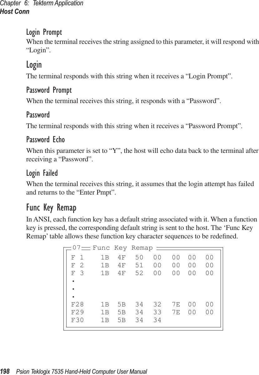 Chapter 6: Tekterm ApplicationHost Conn198 Psion Teklogix 7535 Hand-Held Computer User ManualLogin PromptWhen the terminal receives the string assigned to this parameter, it will respond with “Login”.LoginThe terminal responds with this string when it receives a “Login Prompt”.Password PromptWhen the terminal receives this string, it responds with a “Password”.PasswordThe terminal responds with this string when it receives a “Password Prompt”.Password EchoWhen this parameter is set to “Y”, the host will echo data back to the terminal after receiving a “Password”.Login FailedWhen the terminal receives this string, it assumes that the login attempt has failed and returns to the “Enter Pmpt”.Func Key RemapIn ANSI, each function key has a default string associated with it. When a function key is pressed, the corresponding default string is sent to the host. The ‘Func Key Remap’ table allows these function key character sequences to be redeﬁned.F 1 1B 4F 50 00 00 00 00F 2 1B 4F 51 00 00 00 00F 3 1B 4F 52 00 00 00 00•••F28 1B 5B 34 32 7E 00 00F29 1B 5B 34 33 7E 00 00F30 1B 5B 34 34Func Key Remap07