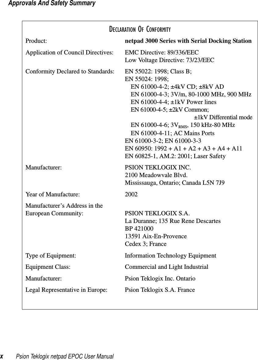 Approvals And Safety SummaryxPsion Teklogix netpad EPOC User ManualDECLARATION OF CONFORMITYProduct: netpad 3000 Series with Serial Docking StationApplication of Council Directives: EMC Directive: 89/336/EECLow Voltage Directive: 73/23/EECConformity Declared to Standards: EN 55022: 1998; Class B;EN 55024: 1998;EN 61000-4-2; ±4kV CD; ±8kV ADEN 61000-4-3; 3V/m, 80-1000 MHz, 900 MHzEN 61000-4-4; ±1kV Power linesEN 61000-4-5; ±2kV Common;±1kV Differential modeEN 61000-4-6; 3VRMS, 150 kHz-80 MHzEN 61000-4-11; AC Mains PortsEN 61000-3-2; EN 61000-3-3EN 60950: 1992 + A1 + A2 + A3 + A4 + A11EN 60825-1, AM.2: 2001; Laser SafetyManufacturer: PSION TEKLOGIX INC.2100 Meadowvale Blvd.Mississauga, Ontario; Canada L5N 7J9Year of Manufacture: 2002Manufacturer’s Address in theEuropean Community: PSION TEKLOGIX S.A.La Duranne; 135 Rue Rene DescartesBP 42100013591 Aix-En-ProvenceCedex 3; FranceType of Equipment: Information Technology EquipmentEquipment Class: Commercial and Light IndustrialManufacturer: Psion Teklogix Inc. OntarioLegal Representative in Europe: Psion Teklogix S.A. France