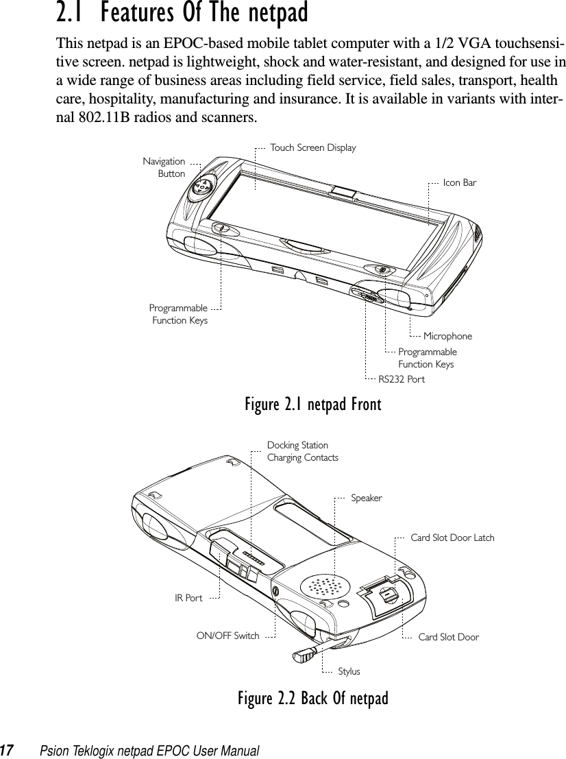 17 Psion Teklogix netpad EPOC User Manual2.1  Features Of The netpadThis netpad is an EPOC-based mobile tablet computer with a 1/2 VGA touchsensi-tive screen. netpad is lightweight, shock and water-resistant, and designed for use ina wide range of business areas including field service, field sales, transport, healthcare, hospitality, manufacturing and insurance. It is available in variants with inter-nal 802.11B radios and scanners.Figure 2.1 netpad Front Figure 2.2 Back Of netpadTouch Screen DisplayNavigationButton Icon BarProgrammableFunction KeysRS232 PortProgrammableFunction KeysMicrophoneSpeakerCard Slot Door LatchCard Slot DoorStylusON/OFF SwitchDocking StationCharging ContactsIR Port