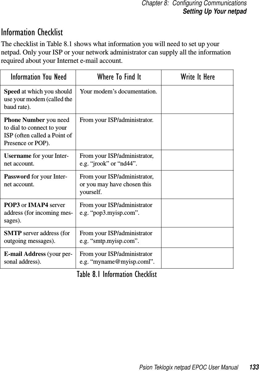 Psion Teklogix netpad EPOC User Manual 133Chapter 8: Configuring CommunicationsSetting Up Your netpadInformation Checklist The checklist in Table 8.1 shows what information you will need to set up yournetpad. Only your ISP or your network administrator can supply all the informationrequired about your Internet e-mail account.Information You Need Where To Find It Write It HereSpeed at which you shoulduse your modem (called thebaud rate).Your modem’s documentation.Phone Number you needto dial to connect to yourISP (often called a Point ofPresence or POP).From your ISP/administrator.Username for your Inter-net account.From your ISP/administrator,e.g. “jrook” or “nd44”.Password foryourInter-net account.From your ISP/administrator,or you may have chosen thisyourself.POP3 or IMAP4 serveraddress (for incoming mes-sages).From your ISP/administratore.g. “pop3.myisp.com”.SMTP server address (foroutgoing messages).From your ISP/administratore.g. “smtp.myisp.com”.E-mail Address (your per-sonal address).From your ISP/administratore.g. “myname@myisp.coml”.Table 8.1 Information Checklist