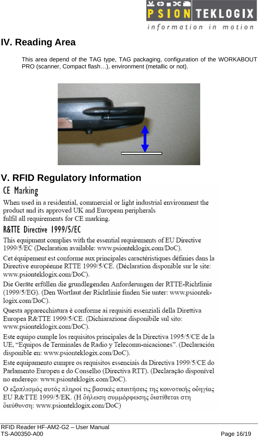  RFID Reader HF-AM2-G2 – User Manual TS-A00350-A00  Page 16/19 IV. Reading Area  This area depend of the TAG type, TAG packaging, configuration of the WORKABOUT PRO (scanner, Compact flash…), environment (metallic or not).    V. RFID Regulatory Information  