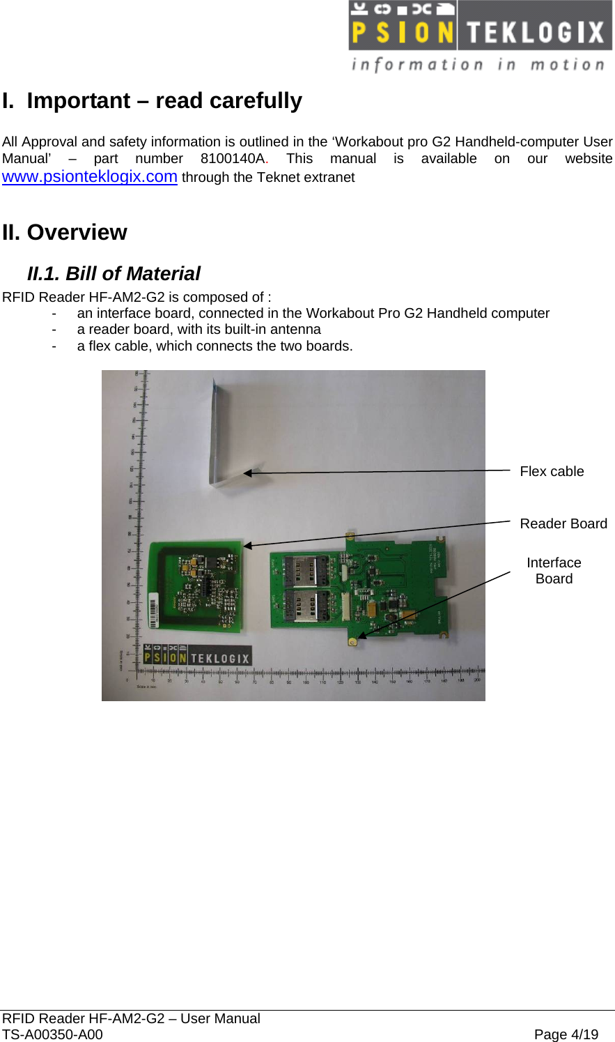  RFID Reader HF-AM2-G2 – User Manual TS-A00350-A00  Page 4/19 I.  Important – read carefully  All Approval and safety information is outlined in the ‘Workabout pro G2 Handheld-computer User Manual’ – part number 8100140A. This manual is available on our website www.psionteklogix.com through the Teknet extranet  II. Overview II.1. Bill of Material RFID Reader HF-AM2-G2 is composed of : -  an interface board, connected in the Workabout Pro G2 Handheld computer -  a reader board, with its built-in antenna -  a flex cable, which connects the two boards.    Flex cable Reader Board Interface Board 