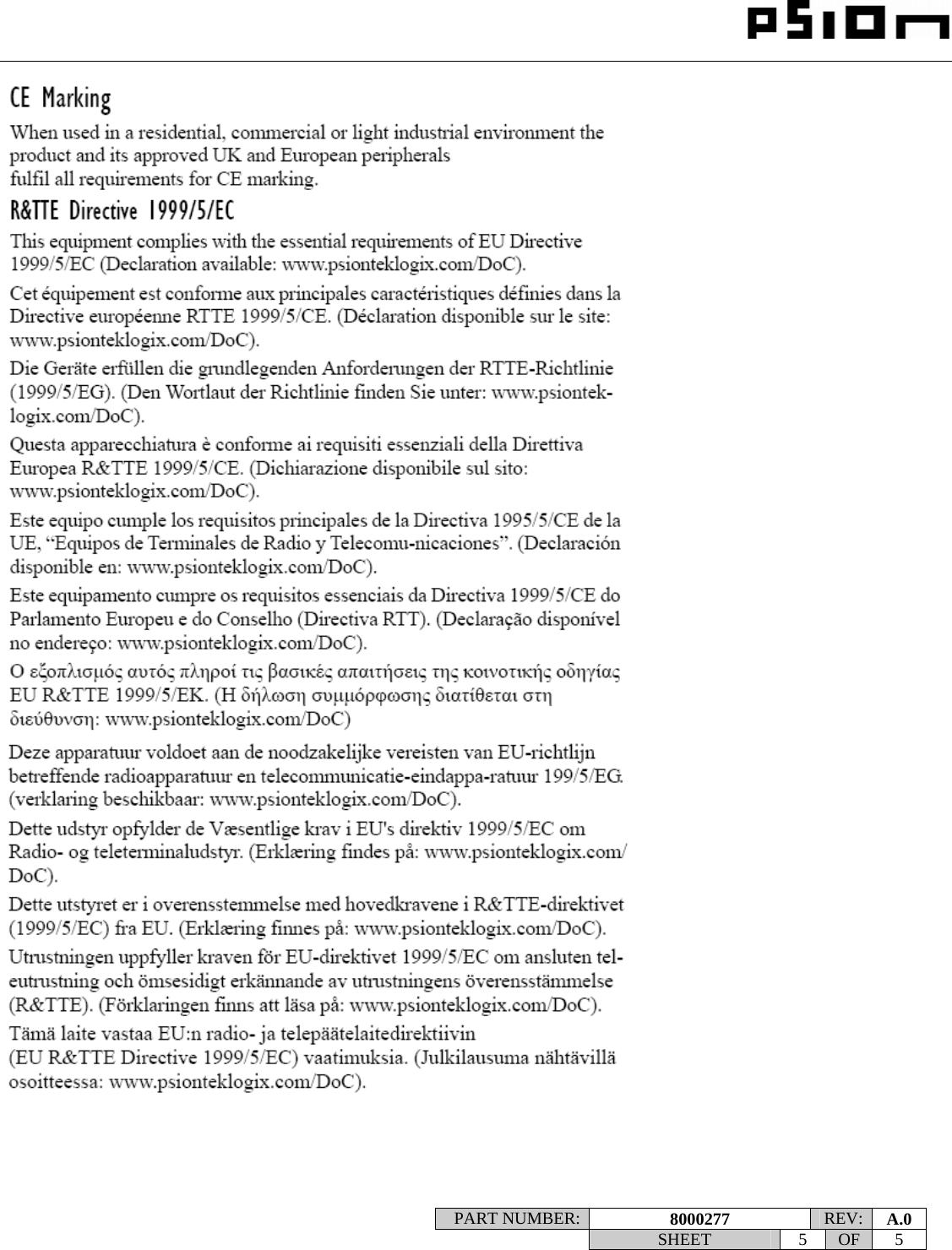                                                                                                                    PART NUMBER:  8000277  REV:  A.0   SHEET 5 OF 5       