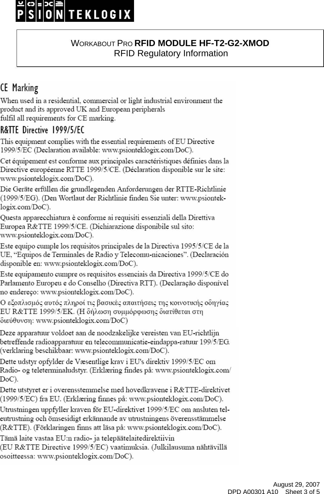 August 29, 2007 DPD A00301 A10    Sheet 3 of 5     WORKABOUT PRO RFID MODULE HF-T2-G2-XMOD  RFID Regulatory Information     