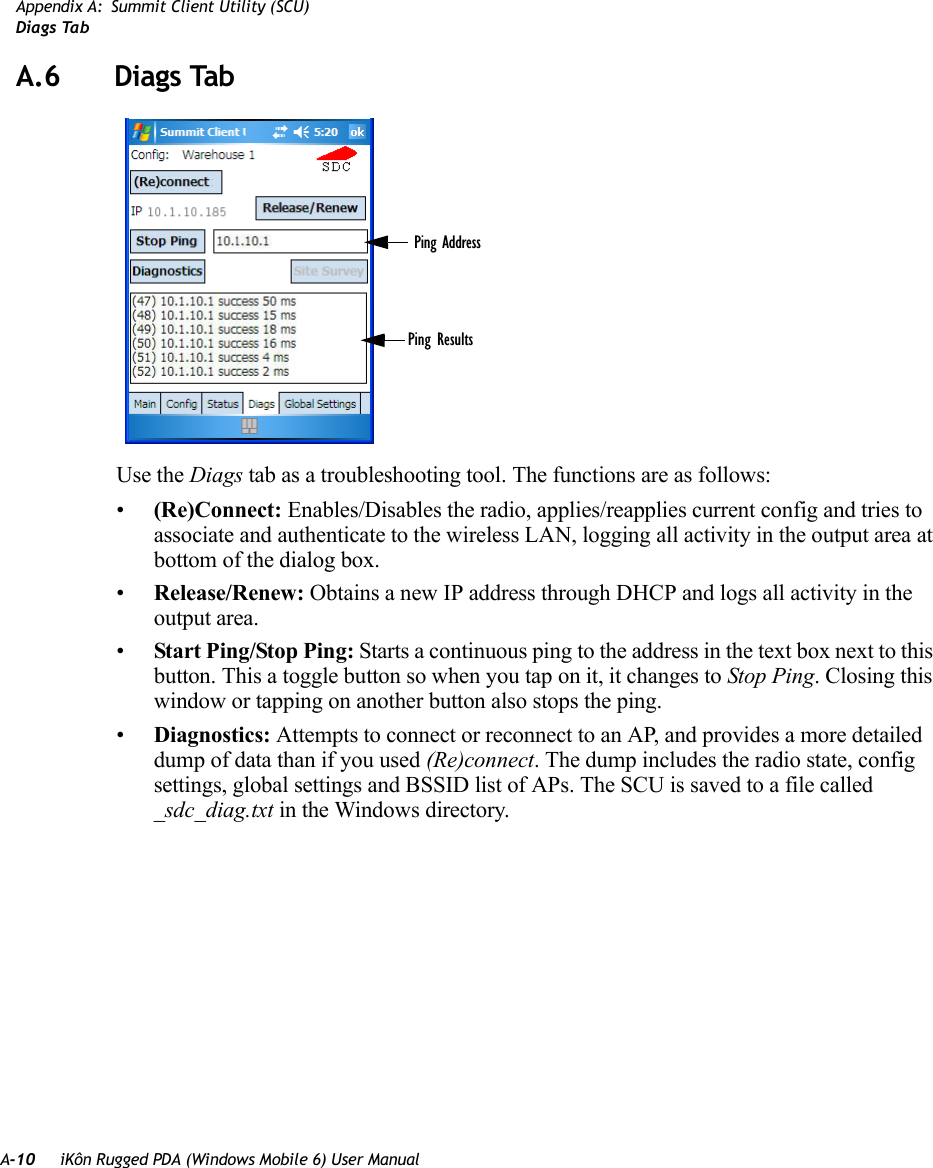 A-10 iKôn Rugged PDA (Windows Mobile 6) User ManualAppendix A: Summit Client Utility (SCU)Diags TabA.6 Diags TabUse the Diags tab as a troubleshooting tool. The functions are as follows:•(Re)Connect: Enables/Disables the radio, applies/reapplies current config and tries to associate and authenticate to the wireless LAN, logging all activity in the output area at bottom of the dialog box.•Release/Renew: Obtains a new IP address through DHCP and logs all activity in the output area.•Start Ping/Stop Ping: Starts a continuous ping to the address in the text box next to this button. This a toggle button so when you tap on it, it changes to Stop Ping. Closing this window or tapping on another button also stops the ping.•Diagnostics: Attempts to connect or reconnect to an AP, and provides a more detailed dump of data than if you used (Re)connect. The dump includes the radio state, config settings, global settings and BSSID list of APs. The SCU is saved to a file called _sdc_diag.txt in the Windows directory.Ping AddressPing Results