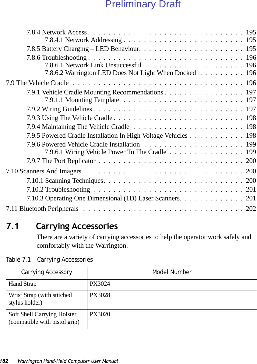 182 Warrington Hand-Held Computer User Manual7.8.4 Network Access ...............................1957.8.4.1 Network Addressing........................1957.8.5 Battery Charging – LED Behaviour.....................1957.8.6 Troubleshooting ...............................1967.8.6.1 Network Link Unsuccessful....................1967.8.6.2 Warrington LED Does Not Light When Docked.........1967.9 The Vehicle Cradle..................................1967.9.1 Vehicle Cradle Mounting Recommendations................1977.9.1.1 Mounting Template ........................1977.9.2 Wiring Guidelines..............................1977.9.3 Using The Vehicle Cradle..........................1987.9.4 Maintaining The Vehicle Cradle ......................1987.9.5 Powered Cradle Installation In High Voltage Vehicles...........1987.9.6 Powered Vehicle Cradle Installation....................1997.9.6.1 Wiring Vehicle Power To The Cradle...............1997.9.7 The Port Replicator.............................2007.10 Scanners And Imagers................................2007.10.1 Scanning Techniques............................2007.10.2 Troubleshooting ..............................2017.10.3 Operating One Dimensional (1D) Laser Scanners.............2017.11 Bluetooth Peripherals ................................2027.1 Carrying AccessoriesThere are a variety of carrying accessories to help the operator work safely and comfortably with the Warrington.Table 7.1  Carrying AccessoriesCarrying Accessory Model NumberHand Strap PX3024 Wrist Strap (with stitched stylus holder) PX3028Soft Shell Carrying Holster (compatible with pistol grip) PX3020Preliminary Draft