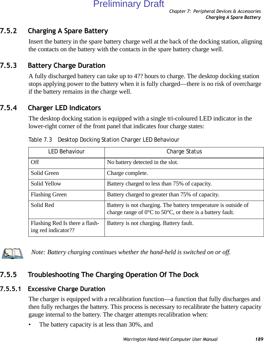 Chapter 7: Peripheral Devices &amp; AccessoriesCharging A Spare BatteryWarrington Hand-Held Computer User Manual 1897.5.2 Charging A Spare BatteryInsert the battery in the spare battery charge well at the back of the docking station, aligning the contacts on the battery with the contacts in the spare battery charge well.7.5.3 Battery Charge DurationA fully discharged battery can take up to 4?? hours to charge. The desktop docking station stops applying power to the battery when it is fully charged—there is no risk of overcharge if the battery remains in the charge well. 7.5.4 Charger LED IndicatorsThe desktop docking station is equipped with a single tri-coloured LED indicator in the lower-right corner of the front panel that indicates four charge states:7.5.5 Troubleshooting The Charging Operation Of The Dock7.5.5.1 Excessive Charge DurationThe charger is equipped with a recalibration function—a function that fully discharges and then fully recharges the battery. This process is necessary to recalibrate the battery capacity gauge internal to the battery. The charger attempts recalibration when: • The battery capacity is at less than 30%, and Table 7.3  Desktop Docking Station Charger LED BehaviourLED Behaviour Charge StatusOff No battery detected in the slot.Solid Green Charge complete.Solid Yellow Battery charged to less than 75% of capacity.Flashing Green Battery charged to greater than 75% of capacity.Solid Red Battery is not charging. The battery temperature is outside of charge range of 0°C to 50°C, or there is a battery fault.Flashing Red Is there a flash-ing red indicator?? Battery is not charging. Battery fault.Note: Battery charging continues whether the hand-held is switched on or off.Preliminary Draft