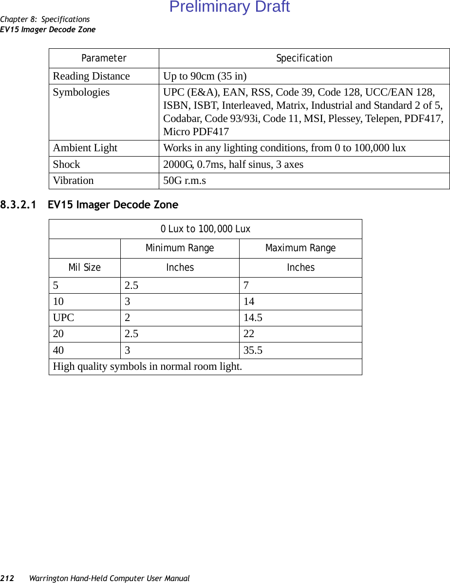 Chapter 8: SpecificationsEV15 Imager Decode Zone212 Warrington Hand-Held Computer User Manual8.3.2.1 EV15 Imager Decode ZoneReading Distance Up to 90cm (35 in)Symbologies UPC (E&amp;A), EAN, RSS, Code 39, Code 128, UCC/EAN 128, ISBN, ISBT, Interleaved, Matrix, Industrial and Standard 2 of 5, Codabar, Code 93/93i, Code 11, MSI, Plessey, Telepen, PDF417, Micro PDF417Ambient Light Works in any lighting conditions, from 0 to 100,000 luxShock 2000G, 0.7ms, half sinus, 3 axesVibration 50G r.m.sParameter Specification0 Lux to 100,000 LuxMinimum Range Maximum RangeMil Size Inches Inches52.5 710 3 14UPC 2 14.520 2.5 2240 3 35.5High quality symbols in normal room light.Preliminary Draft