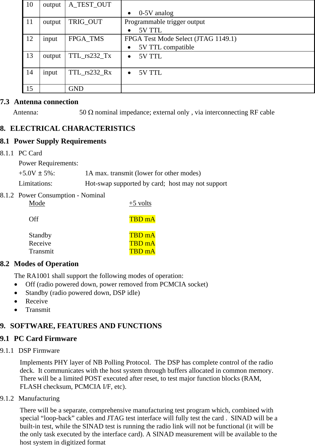 10  output A_TEST_OUT    • 0-5V analog 11  output  TRIG_OUT  Programmable trigger output • 5V TTL 12  input  FPGA_TMS  FPGA Test Mode Select (JTAG 1149.1) • 5V TTL compatible 13  output TTL_rs232_Tx  • 5V TTL 14  input TTL_rs232_Rx  • 5V TTL 15   GND   7.3 Antenna connection Antenna: 50 Ω nominal impedance; external only , via interconnecting RF cable 8. ELECTRICAL CHARACTERISTICS 8.1 Power Supply Requirements 8.1.1 PC Card  Power Requirements: +5.0V ± 5%:  1A max. transmit (lower for other modes) Limitations: Hot-swap supported by card;  host may not support 8.1.2 Power Consumption - Nominal Mode +5 volts  Off  TBD mA Standby  TBD mAReceive  TBD mATransmit  TBD mA8.2 Modes of Operation The RA1001 shall support the following modes of operation: • Off (radio powered down, power removed from PCMCIA socket) • Standby (radio powered down, DSP idle) • Receive • Transmit 9. SOFTWARE, FEATURES AND FUNCTIONS 9.1 PC Card Firmware 9.1.1 DSP Firmware Implements PHY layer of NB Polling Protocol.  The DSP has complete control of the radio deck.  It communicates with the host system through buffers allocated in common memory.  There will be a limited POST executed after reset, to test major function blocks (RAM, FLASH checksum, PCMCIA I/F, etc). 9.1.2 Manufacturing There will be a separate, comprehensive manufacturing test program which, combined with special “loop-back” cables and JTAG test interface will fully test the card .  SINAD will be a built-in test, while the SINAD test is running the radio link will not be functional (it will be the only task executed by the interface card). A SINAD measurement will be available to the host system in digitized format 