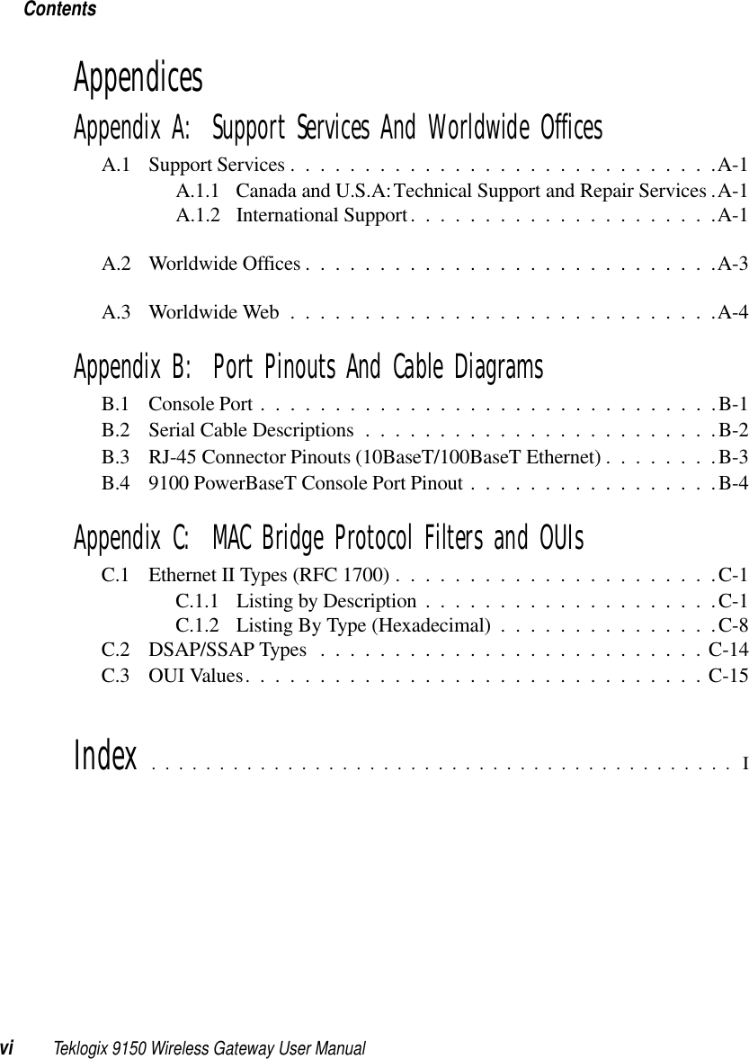 Contentsvi Teklogix 9150 Wireless Gateway User ManualAppendicesAppendix A:  Support Services And Worldwide OfficesA.1 Support Services.............................A-1A.1.1 Canada and U.S.A: Technical Support and Repair Services .A-1A.1.2 International Support.....................A-1A.2 Worldwide Offices............................A-3A.3 Worldwide Web.............................A-4Appendix B:  Port Pinouts And Cable DiagramsB.1 Console Port...............................B-1B.2 Serial Cable Descriptions........................B-2B.3 RJ-45 Connector Pinouts (10BaseT/100BaseT Ethernet) . . ......B-3B.4 9100 PowerBaseT Console Port Pinout .................B-4Appendix C:  MAC Bridge Protocol Filters and OUIsC.1 Ethernet II Types (RFC 1700) . . . ...................C-1C.1.1 Listing by Description . ...................C-1C.1.2 Listing By Type (Hexadecimal)...............C-8C.2 DSAP/SSAP Types ..........................C-14C.3 OUI Values...............................C-15Index ........................................... I