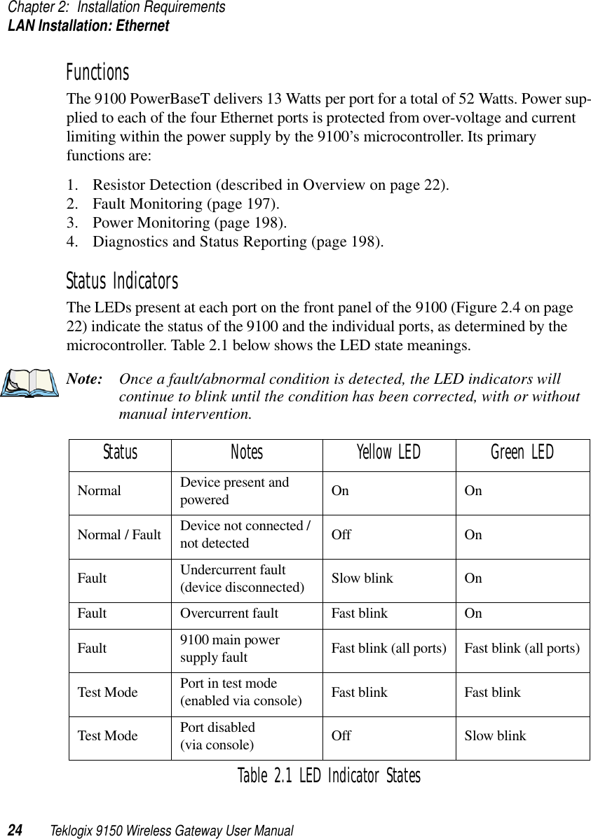 Chapter 2: Installation RequirementsLAN Installation: Ethernet24 Teklogix 9150 Wireless Gateway User ManualFunctionsThe 9100 PowerBaseT delivers 13 Watts per port for a total of 52 Watts. Power sup-plied to each of the four Ethernet ports is protected from over-voltage and current limiting within the power supply by the 9100’s microcontroller. Its primary functions are:1. Resistor Detection (described in Overview on page 22). 2. Fault Monitoring (page 197).3. Power Monitoring (page 198).4. Diagnostics and Status Reporting (page 198).Status IndicatorsThe LEDs present at each port on the front panel of the 9100 (Figure 2.4 on page 22) indicate the status of the 9100 and the individual ports, as determined by the microcontroller. Table 2.1 below shows the LED state meanings.Note: Once a fault/abnormal condition is detected, the LED indicators will continue to blink until the condition has been corrected, with or without manual intervention.Status Notes Yellow LED Green LEDNormal Device present and powered On OnNormal / Fault Device not connected / not detected Off OnFault Undercurrent fault (device disconnected) Slow blink OnFault Overcurrent fault Fast blink OnFault 9100 main power supply fault Fast blink (all ports) Fast blink (all ports)Test Mode Port in test mode (enabled via console) Fast blink Fast blinkTest Mode Port disabled (via console) Off Slow blinkTable 2.1 LED Indicator States