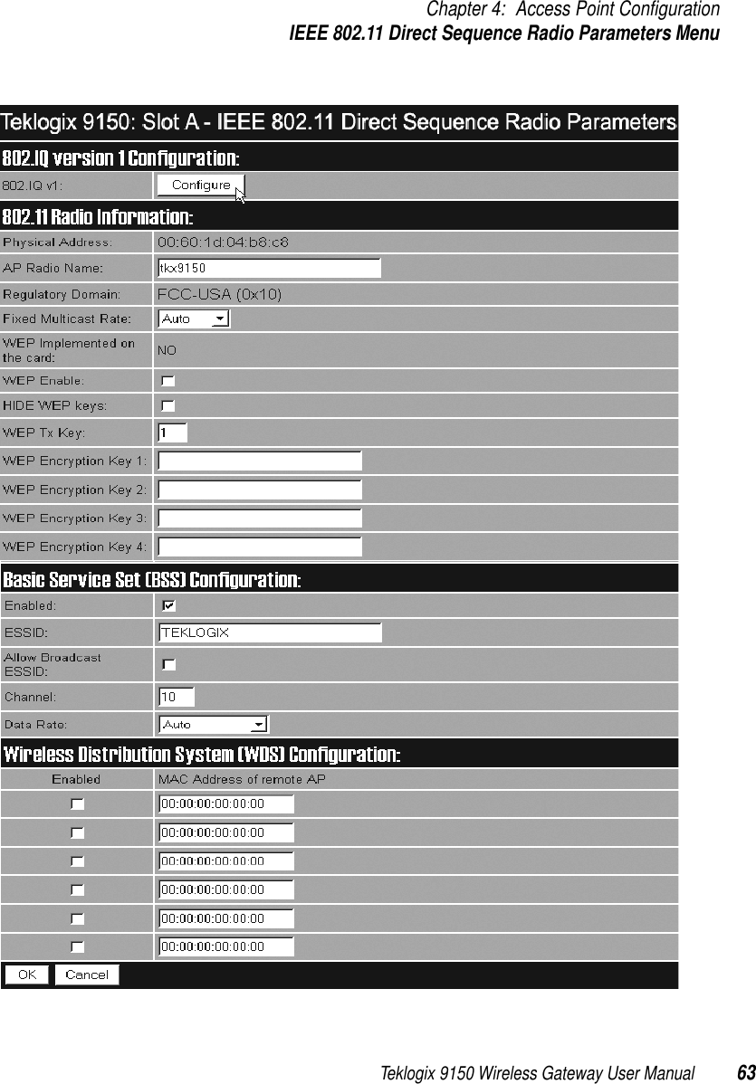 Teklogix 9150 Wireless Gateway User Manual 63Chapter 4: Access Point ConfigurationIEEE 802.11 Direct Sequence Radio Parameters Menu