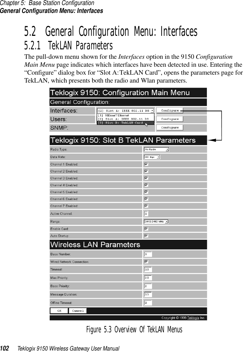 Chapter 5: Base Station ConfigurationGeneral Configuration Menu: Interfaces102 Teklogix 9150 Wireless Gateway User Manual5.2  General Configuration Menu: Interfaces5.2.1  TekLAN ParametersThe pull-down menu shown for the Interfaces option in the 9150 Configuration Main Menu page indicates which interfaces have been detected in use. Entering the “Configure” dialog box for “Slot A: TekLAN Card”, opens the parameters page for TekLAN, which presents both the radio and Wlan parameters.Figure 5.3 Overview Of TekLAN Menus