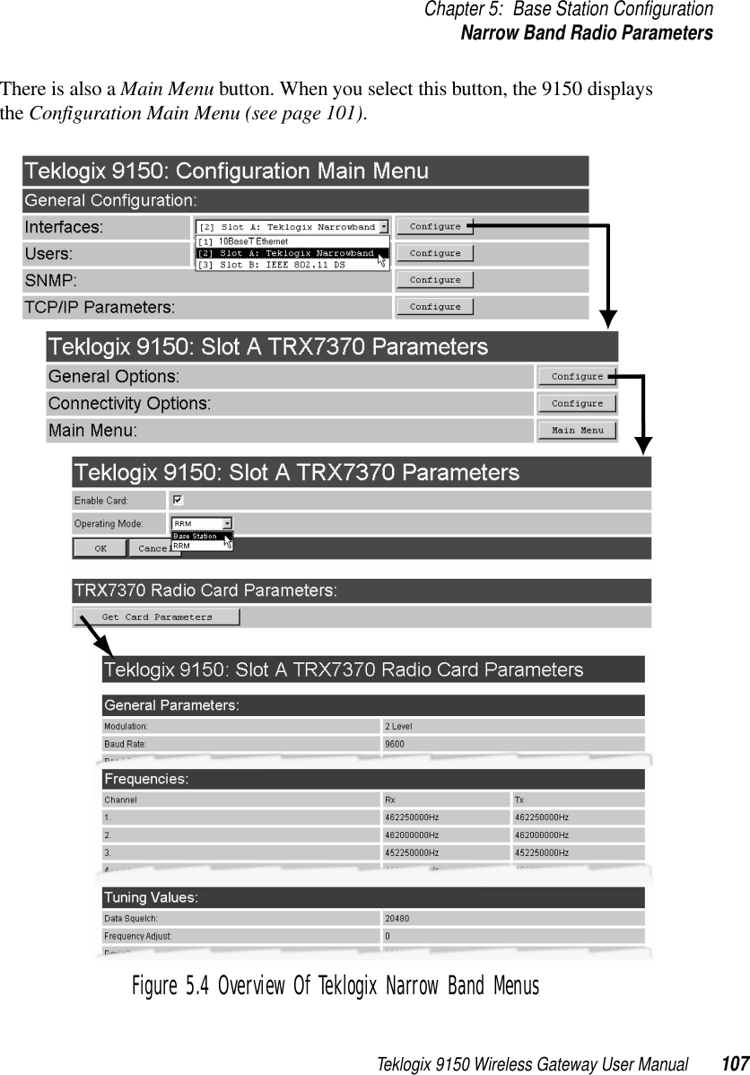 Teklogix 9150 Wireless Gateway User Manual 107Chapter 5: Base Station ConfigurationNarrow Band Radio ParametersThere is also a Main Menu button. When you select this button, the 9150 displays the Configuration Main Menu (see page 101).Figure 5.4 Overview Of Teklogix Narrow Band Menus