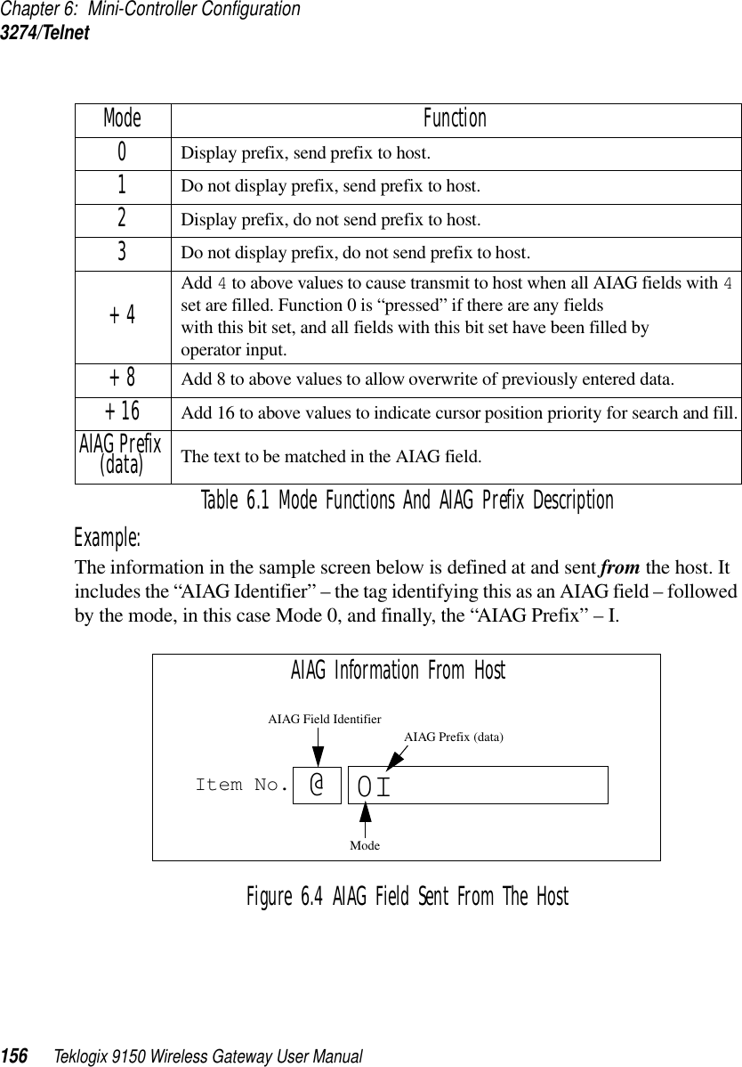 Chapter 6: Mini-Controller Configuration3274/Telnet156 Teklogix 9150 Wireless Gateway User ManualTable 6.1 Mode Functions And AIAG Prefix DescriptionExample: The information in the sample screen below is defined at and sent from the host. It includes the “AIAG Identifier” – the tag identifying this as an AIAG field – followed by the mode, in this case Mode 0, and finally, the “AIAG Prefix” – I.Figure 6.4 AIAG Field Sent From The HostMode Function0Display prefix, send prefix to host.1Do not display prefix, send prefix to host.2Display prefix, do not send prefix to host.3Do not display prefix, do not send prefix to host.+4 Add 4 to above values to cause transmit to host when all AIAG fields with 4 set are filled. Function 0 is “pressed” if there are any fields with this bit set, and all fields with this bit set have been filled by operator input.+8 Add 8 to above values to allow overwrite of previously entered data.+16 Add 16 to above values to indicate cursor position priority for search and fill.AIAG Prefix (data) The text to be matched in the AIAG field.Item No. @0AIAG Information From HostAIAG Prefix (data)ModeAIAG Field IdentifierI