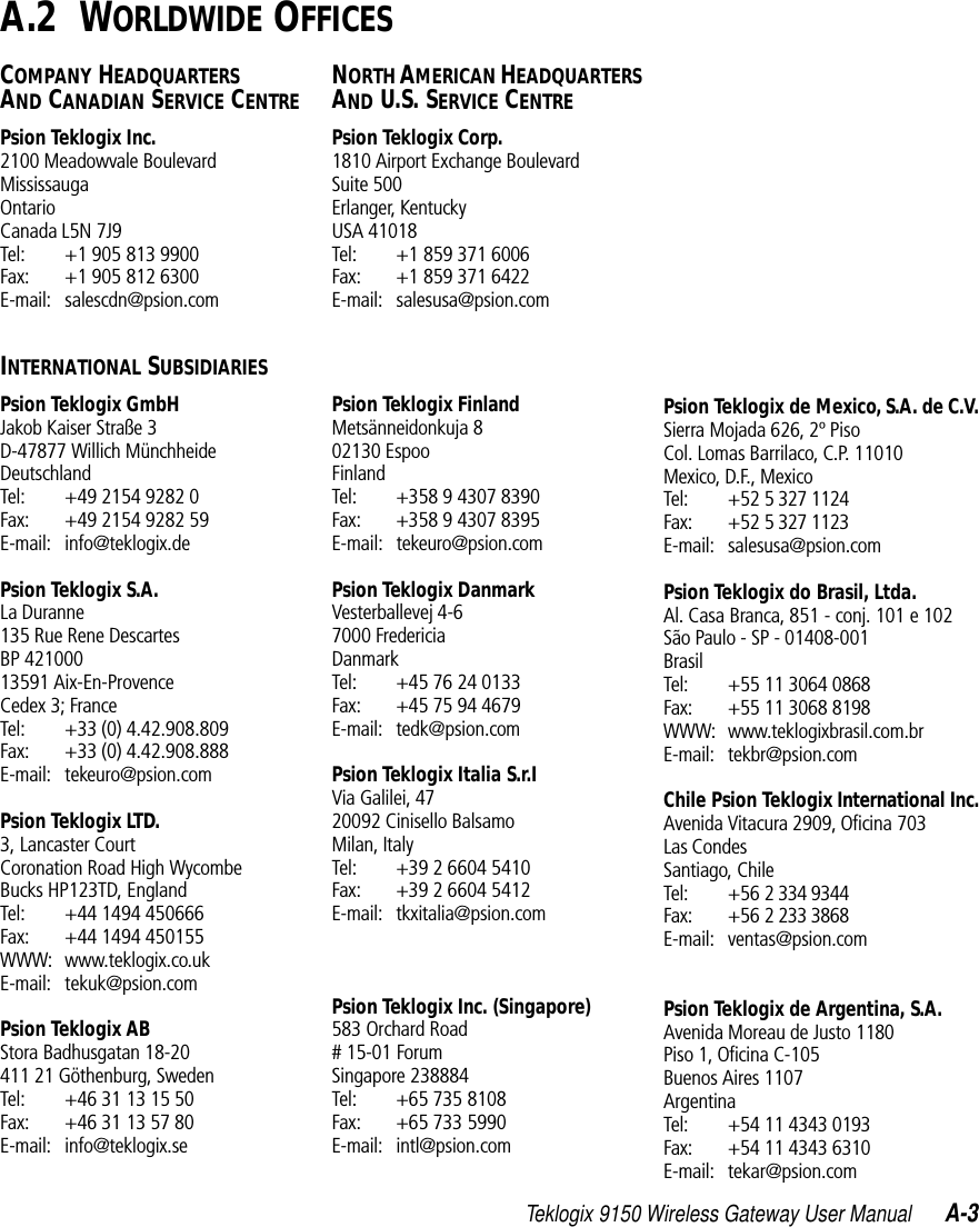 Teklogix 9150 Wireless Gateway User Manual A-3A.2  WORLDWIDE OFFICESCOMPANY HEADQUARTERS AND CANADIAN SERVICE CENTREPsion Teklogix Inc.2100 Meadowvale BoulevardMississaugaOntarioCanada L5N 7J9Tel: +1 905 813 9900Fax: +1 905 812 6300E-mail: salescdn@psion.comINTERNATIONAL SUBSIDIARIESPsion Teklogix GmbHJakob Kaiser Straße 3D-47877 Willich MünchheideDeutschlandTel: +49 2154 9282 0Fax: +49 2154 9282 59E-mail: info@teklogix.dePsion Teklogix S.A.La Duranne135 Rue Rene DescartesBP 42100013591 Aix-En-ProvenceCedex 3; FranceTel: +33 (0) 4.42.908.809Fax: +33 (0) 4.42.908.888E-mail: tekeuro@psion.comPsion Teklogix LTD.3, Lancaster Court Coronation Road High WycombeBucks HP123TD, EnglandTel: +44 1494 450666Fax: +44 1494 450155WWW: www.teklogix.co.ukE-mail: tekuk@psion.comPsion Teklogix ABStora Badhusgatan 18-20411 21 Göthenburg, SwedenTel: +46 31 13 15 50Fax: +46 31 13 57 80E-mail: info@teklogix.seNORTH AMERICAN HEADQUARTERS AND U.S. SERVICE CENTREPsion Teklogix Corp.1810 Airport Exchange BoulevardSuite 500Erlanger, KentuckyUSA 41018Tel: +1 859 371 6006Fax: +1 859 371 6422E-mail: salesusa@psion.comPsion Teklogix FinlandMetsänneidonkuja 802130 EspooFinlandTel: +358 9 4307 8390Fax: +358 9 4307 8395E-mail: tekeuro@psion.comPsion Teklogix DanmarkVesterballevej 4-67000 FredericiaDanmarkTel: +45 76 24 0133Fax: +45 75 94 4679E-mail: tedk@psion.comPsion Teklogix Italia S.r.IVia Galilei, 4720092 Cinisello BalsamoMilan, ItalyTel: +39 2 6604 5410Fax: +39 2 6604 5412E-mail: tkxitalia@psion.comPsion Teklogix Inc. (Singapore)583 Orchard Road# 15-01 ForumSingapore 238884Tel: +65 735 8108Fax: +65 733 5990E-mail: intl@psion.comPsion Teklogix de Mexico, S.A. de C.V.Sierra Mojada 626, 2º PisoCol. Lomas Barrilaco, C.P. 11010Mexico, D.F., MexicoTel: +52 5 327 1124Fax: +52 5 327 1123E-mail: salesusa@psion.comPsion Teklogix do Brasil, Ltda.Al. Casa Branca, 851 - conj. 101 e 102São Paulo - SP - 01408-001BrasilTel: +55 11 3064 0868Fax: +55 11 3068 8198WWW: www.teklogixbrasil.com.brE-mail: tekbr@psion.comChile Psion Teklogix International Inc.Avenida Vitacura 2909, Oficina 703Las CondesSantiago, ChileTel: +56 2 334 9344Fax: +56 2 233 3868E-mail: ventas@psion.comPsion Teklogix de Argentina, S.A.Avenida Moreau de Justo 1180Piso 1, Oficina C-105Buenos Aires 1107ArgentinaTel: +54 11 4343 0193Fax: +54 11 4343 6310E-mail: tekar@psion.com