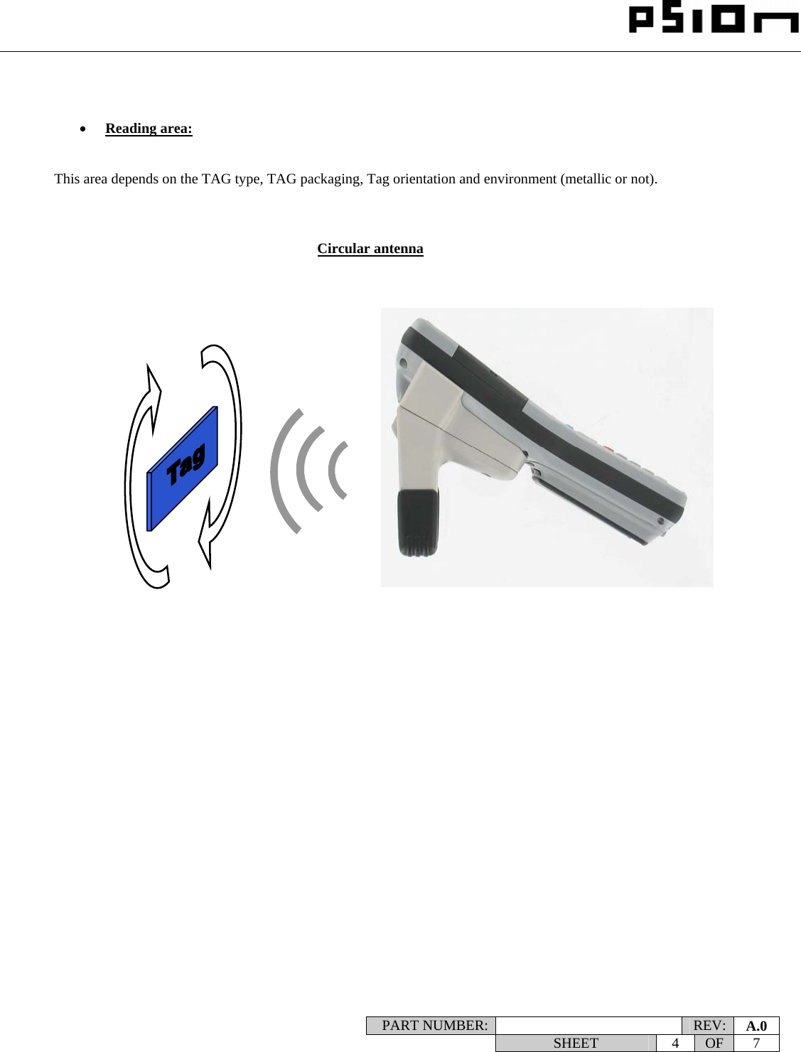                                                                                                                    PART NUMBER:   REV:  A.0   SHEET 4 OF 7       • Reading area:    This area depends on the TAG type, TAG packaging, Tag orientation and environment (metallic or not).        Circular antenna 